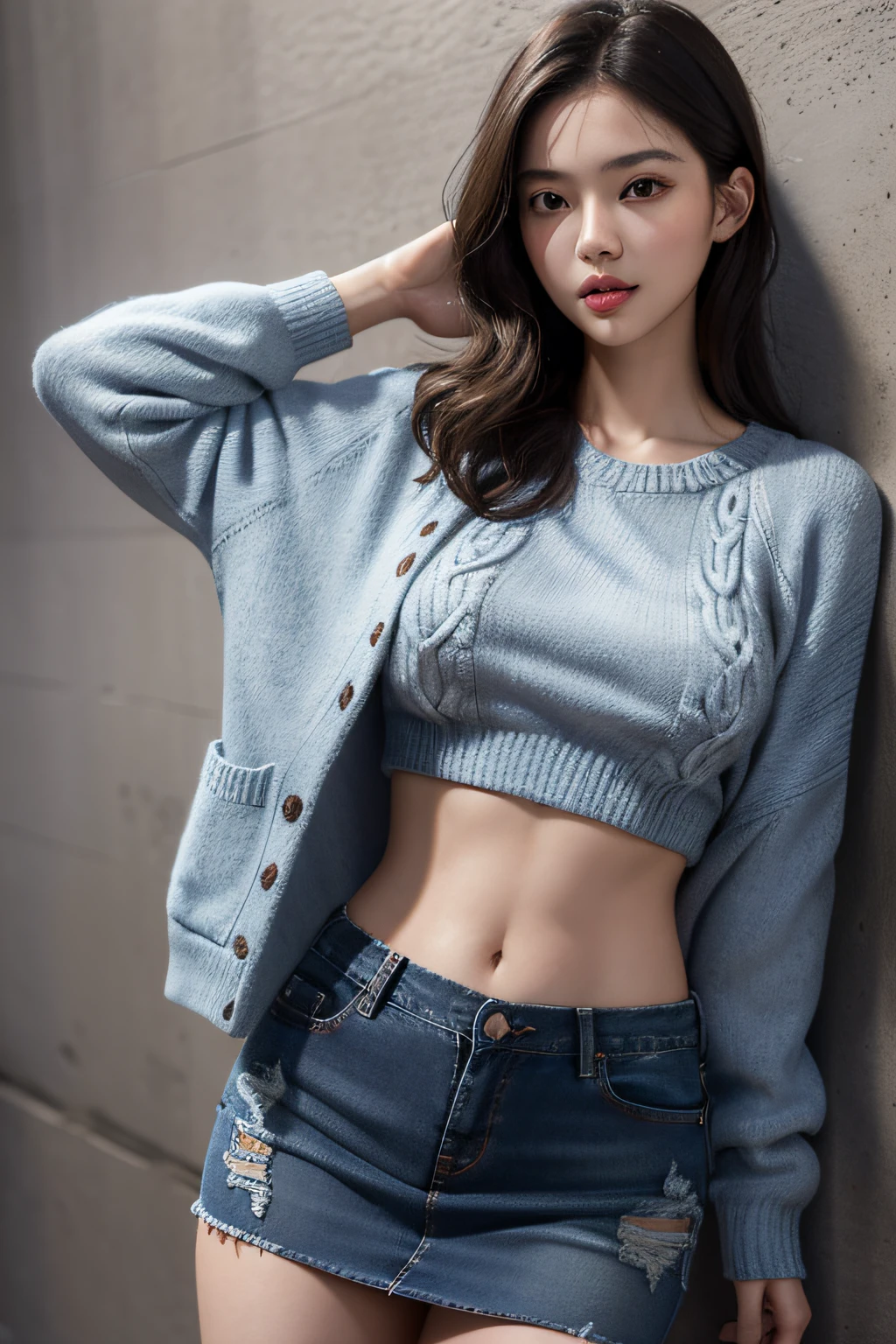 ((open abdomen))、((Mid-Riff Sweater))、((Ultra low-rise denim miniskirt))、((Navel Ejection))、full body Esbian、is standing、A slender、1girl in,Solo,nffsw,Realistic,fullllbody,Black hair,Long hair,Black eyes,Lips,Parted lips,,Portrait,Nose,Best Quality,masutepiece,超A high resolution,(Photorealistic:1.4),Raw photo,、Beautiful expression、(Lifelike face)、(real looking skin)、Beautiful skins、