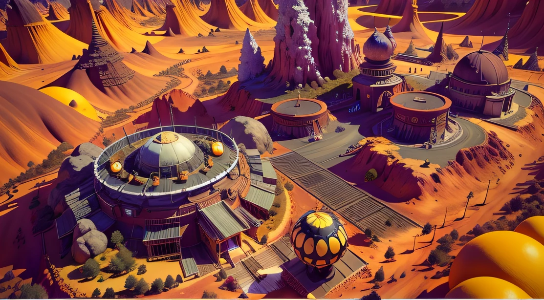 Alien Fall Base (Very detailed) In the mountainous desert,There are several exhaust fans and yellow chimneys, Some neon lights come out of the base to illuminate the dark place, (Extreme nights), Some clouds in the night sky, Some of the surrounding planets provide air to unknown planets,The farthest giant volcano is erupting