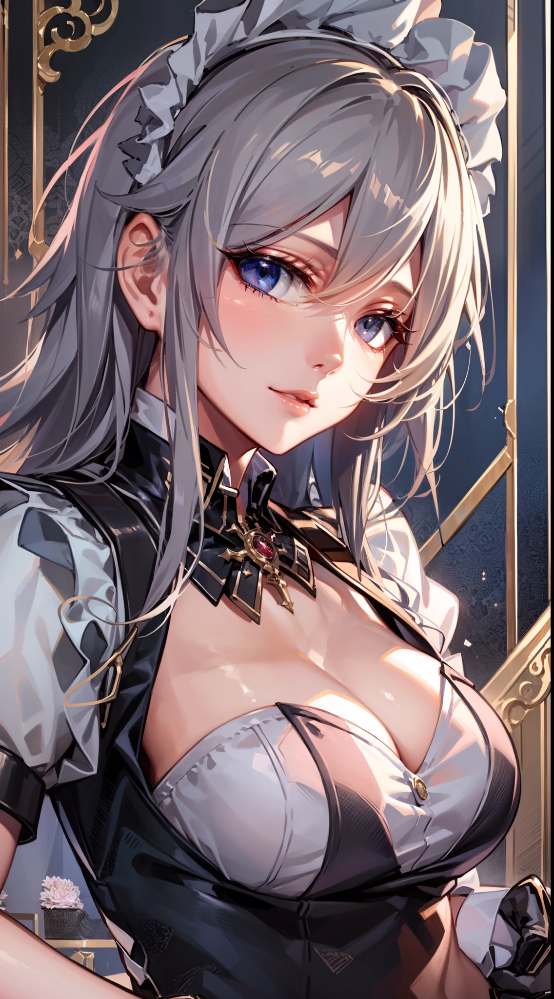 (Unity 16K Wallpaper, masutepiece, Best Quality, Ultra-detailed, extremely details CG, Cinematic lighting, Detailed, Beautiful detailed eyes, Solo),超A high resolution,Fine skin,A sexy,maid, maid apronl, Maid headdress,Holding a knife