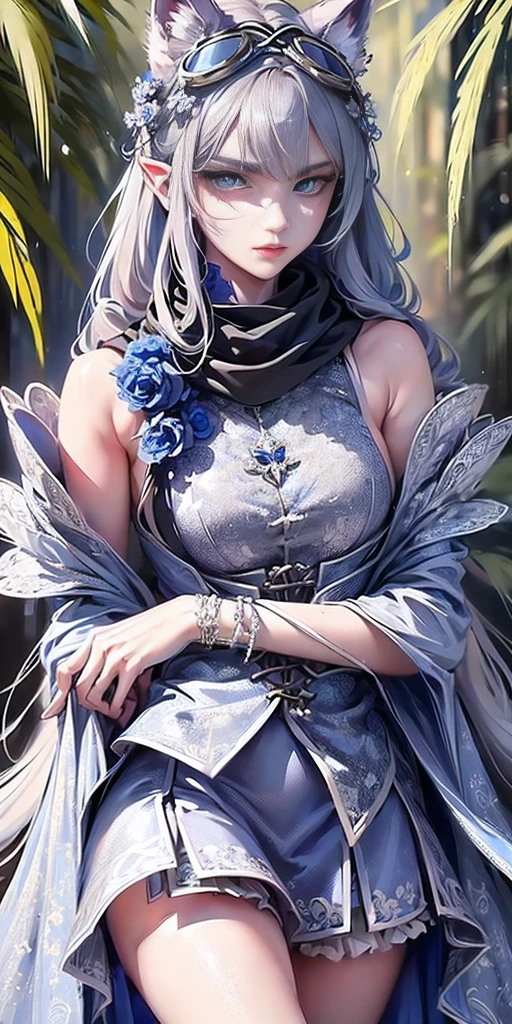 (Top resolution, Distinct_image) Best Quality, Women's masterpieces, Highly detailed, 1womanl,solo person,Half realistic, (Systemic), Silver hair, Bangs, 18 years old, Short Grey Silver Lace Skirt, (((Perfect face:1))), Sharp face, v-line jaw, (Bright blue eyes), (Exquisite facial features, Exquisite facial features), adolable, Grey Color Dolce, Silvery little cat ears, ((hair that completely obscures the ears,,,,)), (((Wearing blue lens goggles))), (Black scarf with blue floral pattern and intricate design), Large bamboo forest on background, Big galaxy in the background