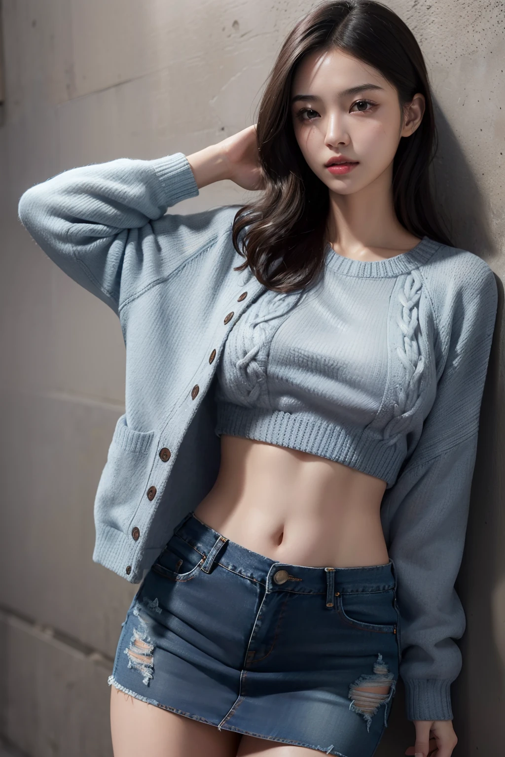 ((open abdomen))、((Mid-Riff Sweater))、((Ultra low-rise denim miniskirt))、((Navel Ejection))、full body Esbian、is standing、A slender、1girl in,Solo,nffsw,Realistic,fullllbody,Black hair,Long hair,Black eyes,Lips,Parted lips,,Portrait,Nose,Best Quality,masutepiece,超A high resolution,(Photorealistic:1.4),Raw photo,、Beautiful expression、(Lifelike face)、（real looking skin）、Beautiful skins、