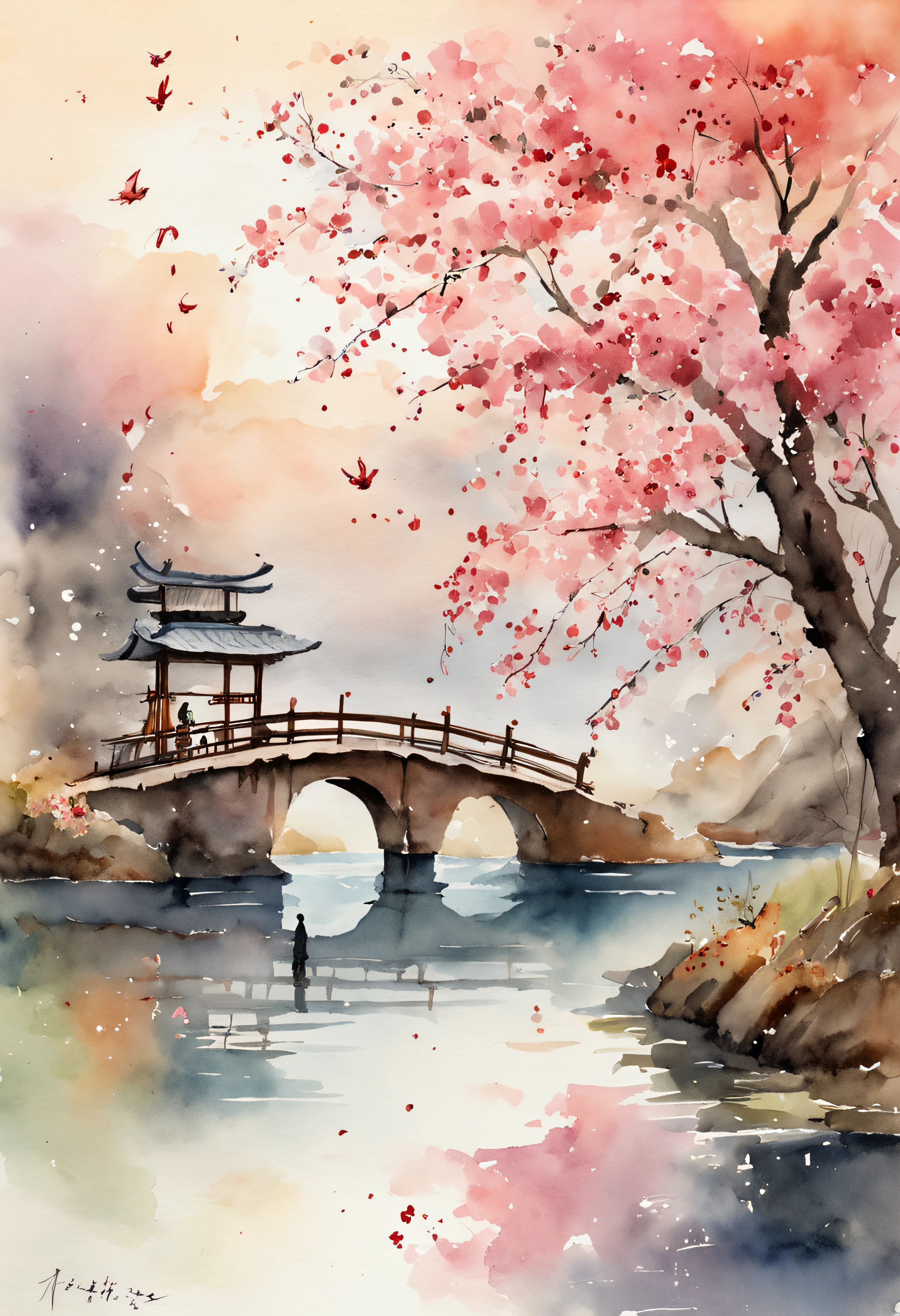 Tanabata Valentine's Day romantic poster，Close-up of a man and a woman kissing on a wooden bridge，Peach blossoms bloom on both sides of the river，Countless pink petals fell from the sky，Several magpies flew around in the sky，