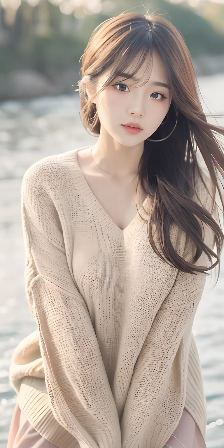 1girl walking on the river, mix4, sweater, pillow, lips, open_mouth, realistic, photo_\(medium\), solo, stuffed_animal, stuffed_toy, teddy_bear, (masterpiece), (realism: 1.3), super detailed, (High detail skin: 1.2), (Best quality: 1.0), (Ultra resolution: 1.0), (ULZZANG-6500: 0.3), wavy detail hair, long hair, sunshine, (beautiful detail makeup), (sexually aroused blush, heavy breath: 1.0), floral theme petals scattered, (soft light bloom: 0.5)