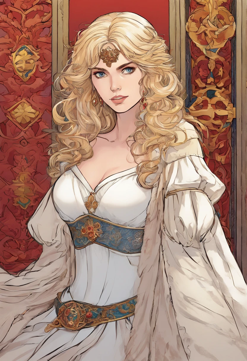 Alexandra Daddario de cabelos loiros e muito cacheados, usando vestido vermelho solto, high-angle, Aves-olho-vista, deitado na cama, em Quarto Medieval Europeu, angry expression of revolt and hopelessness and hatred, manga , preto e branco, seios pequenos, BLONDE HAIR, CURLY HAIR, Europa Medieval