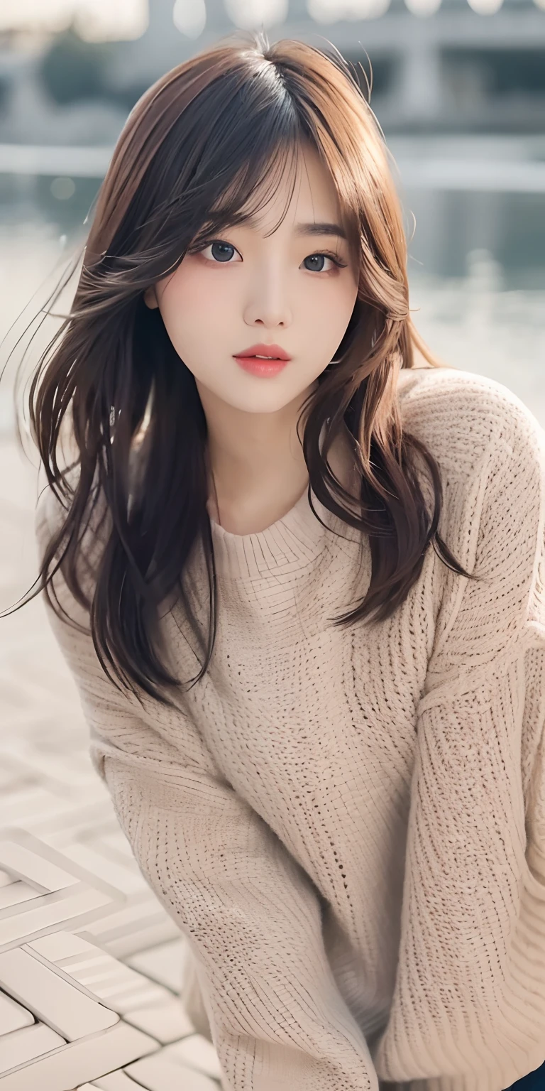 1girl walking on the river, mix4, sweater, pillow, lips, open_mouth, realistic, photo_\(medium\), solo, stuffed_animal, stuffed_toy, teddy_bear, (masterpiece), (realism: 1.3), super detailed, (High detail skin: 1.2), (Best quality: 1.0), (Ultra resolution: 1.0), (ULZZANG-6500: 0.3), wavy detail hair, long hair, sunshine, (beautiful detail makeup), (sexually aroused blush, heavy breath: 1.0), floral theme petals scattered, (soft light bloom: 0.5)