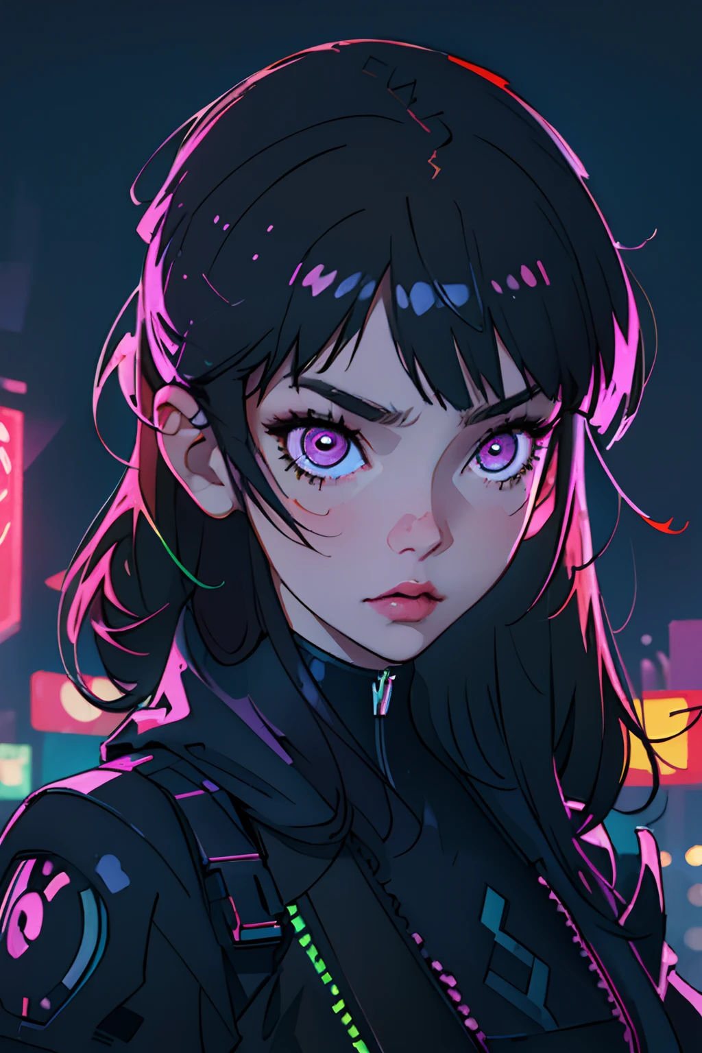 (best quality, masterpiece1.2), (detailed eye:1.2), complex detail, depth of field, 1girl, city, cyberpunk, neon, neon lights, night, moon,