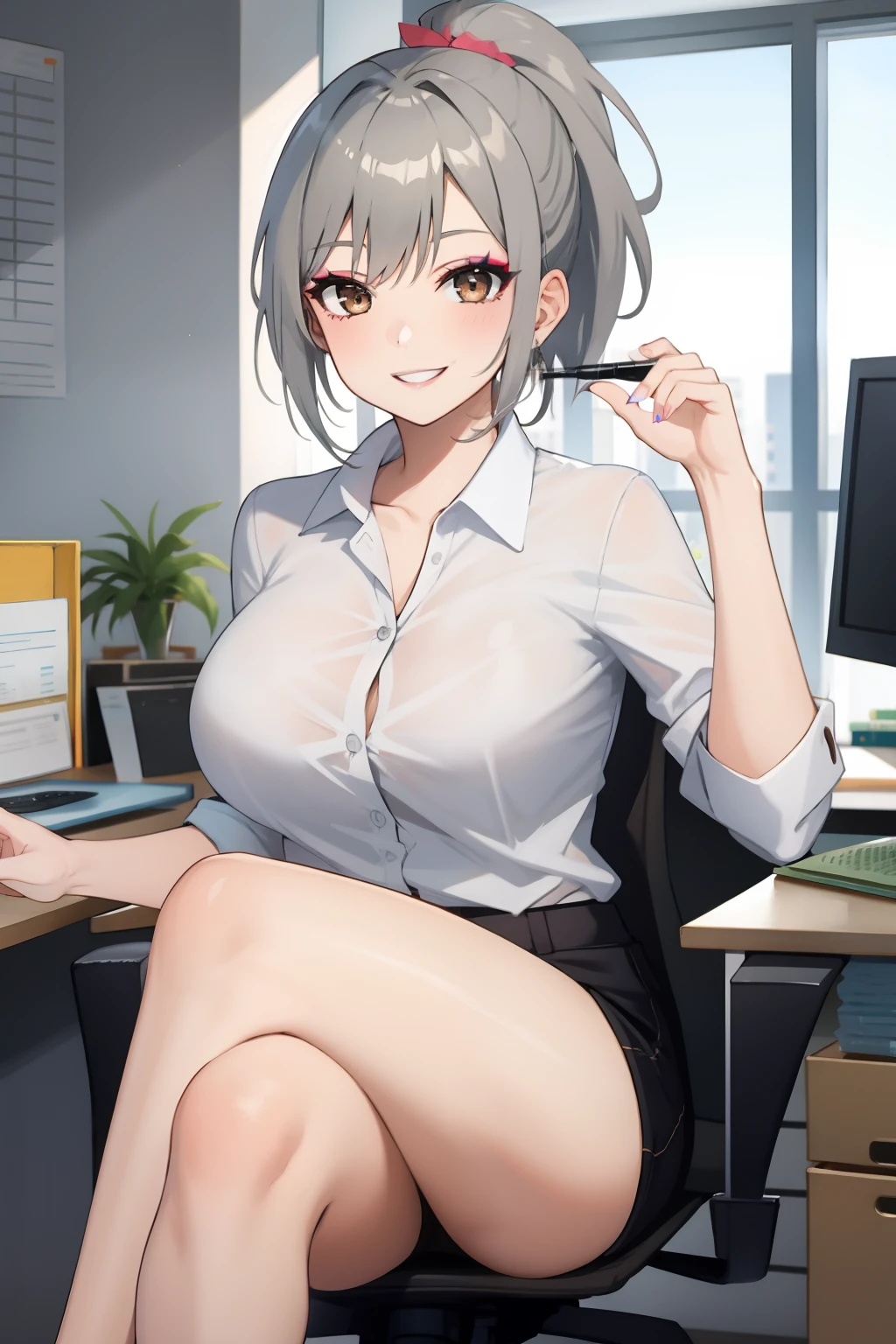 One girl, ponytail, short hair, grey hair, brown eyes, makeup, happy smile, big breasts, crossed legs, office
