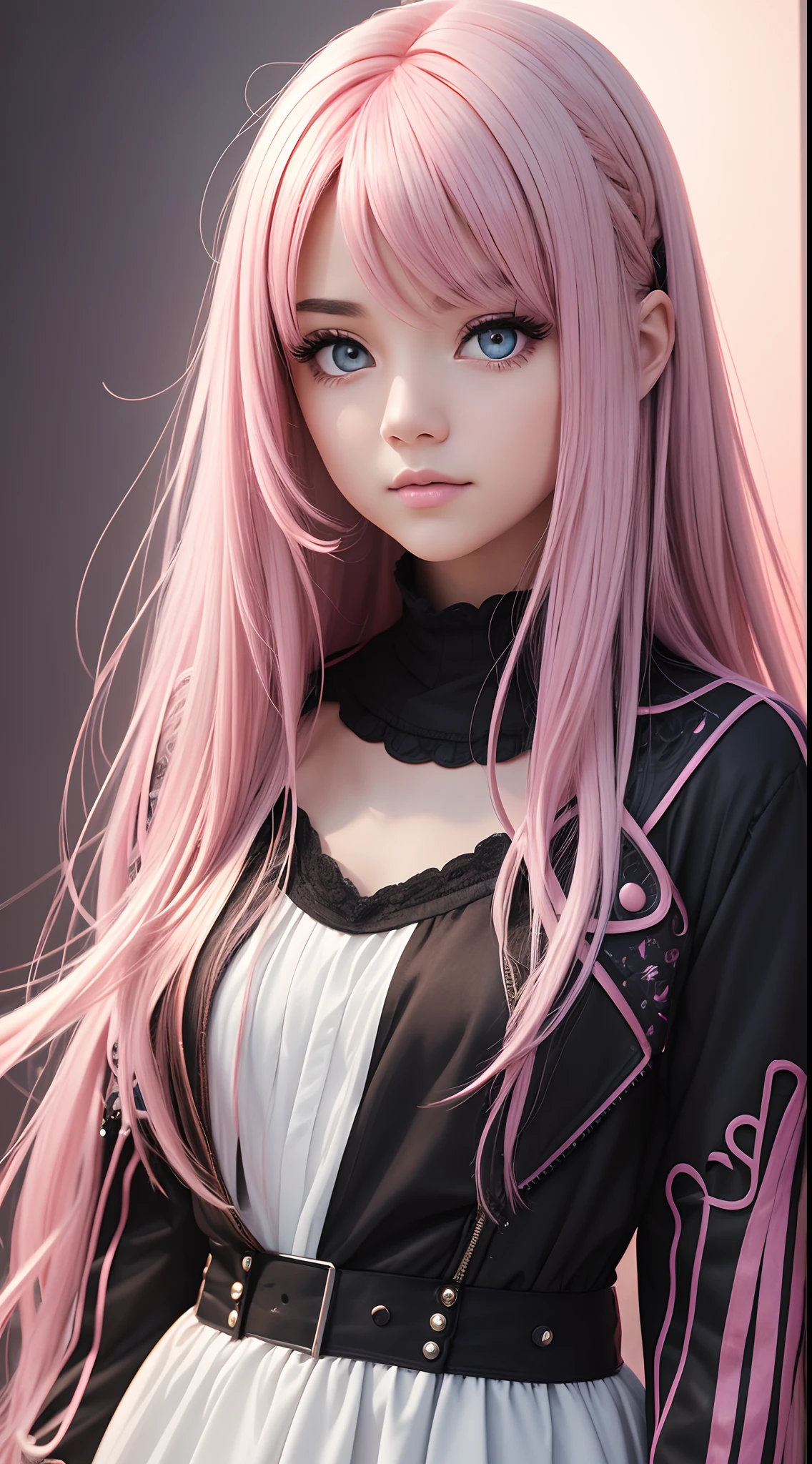 "Turn your ideas into a visual masterpiece with our AI platform. Our advanced technology allows you to create high-quality images with stunning detail, from long intricate hairs to the depth of brown eyes. Capture your unique style with pink hair and deep white Emo clothes, all on brilliant gradient backgrounds and LEDs to add edge. With RAW and film grain shooting 1.1, Your portrait photos will have an extremely realistic quality that will leave viewers in awe."