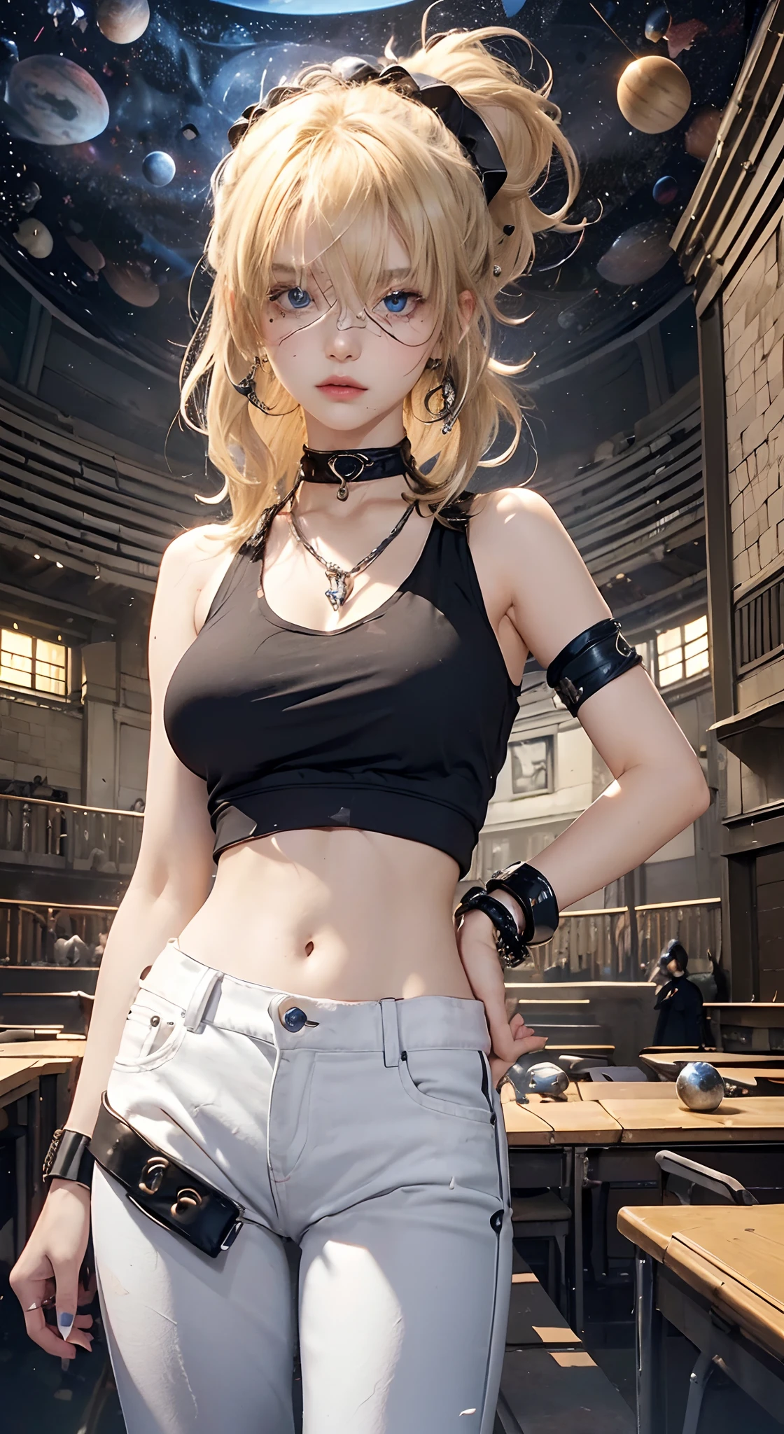 top-quality、Top image quality、tmasterpiece、Girl vs((18yr old、torn outfit、Black navel vest、White pants、Best bust、Bust 85、The blonde、messy ponytail、Blue eyes、Open chest wide、blissful、chain accessories、Black wristband on the wrist、Push your audience down))hiquality、visual art、Background with((The location of the planetarium))、masutepiece