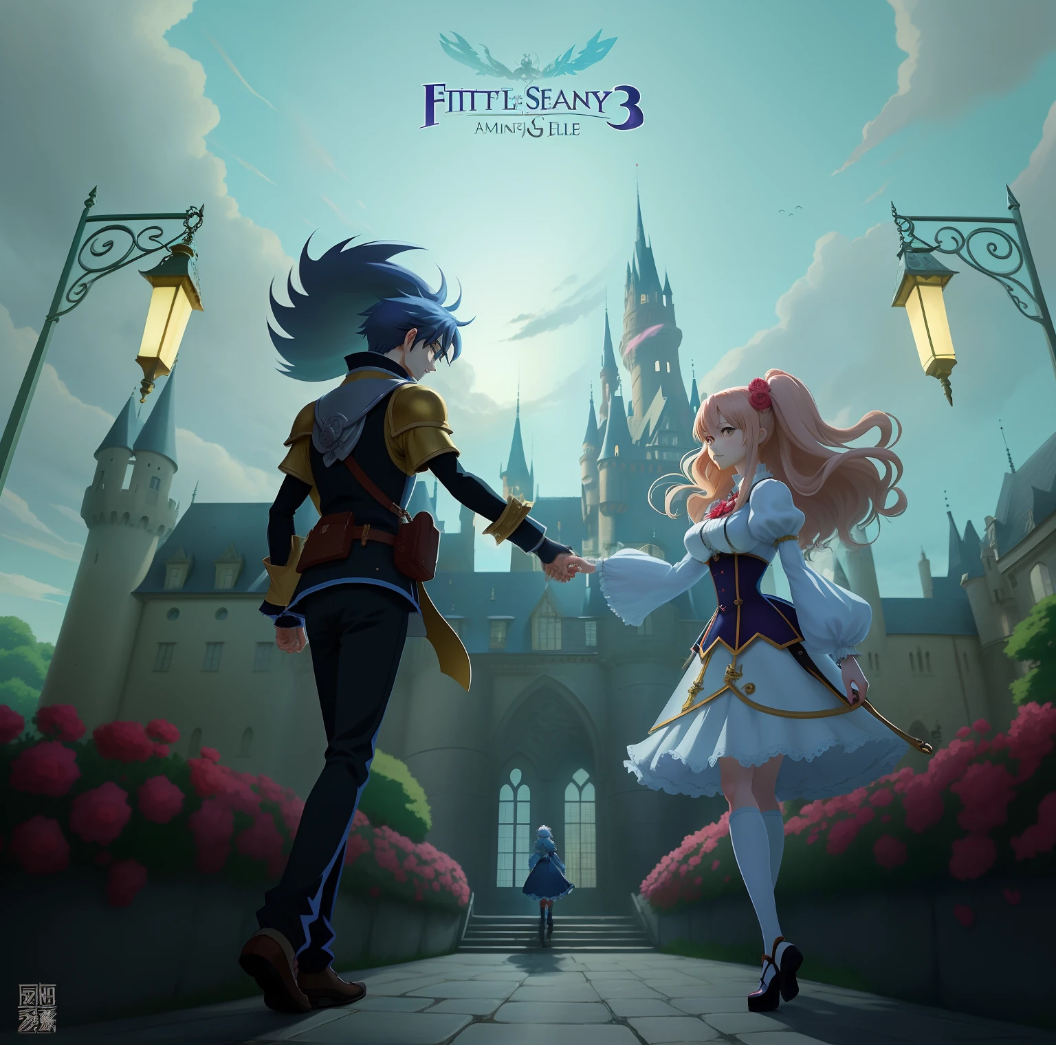 Anime style illustration of a couple holding hands in front of the castle, official fanart, The fifth personality, anime big breast, Fantasy artwork, Official artwork, Stylized anime, zerochan art, promotional art, pixiv 3dcg, Guviz-style artwork, anime key visual concept, Kawasi, key art,Middle Ages style
