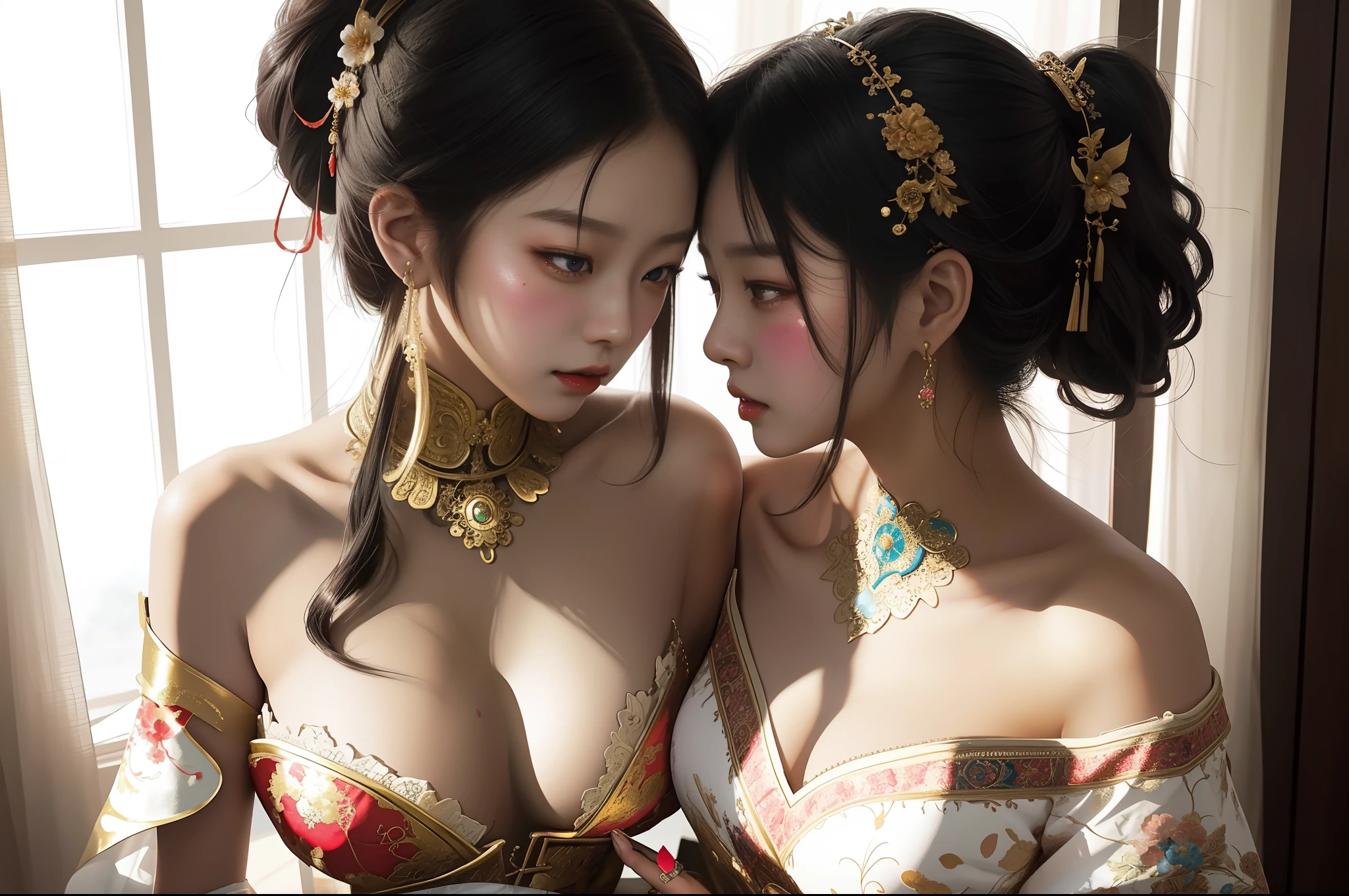 two asian women in costumes are looking at a cell phone, wlop and sakimichan, wlop and ross tran, artwork in the style of guweiz, loish and wlop, wlop and artgerm, stunning cgsociety, wlop art, ruan jia and artgerm, wlop and rossdraws