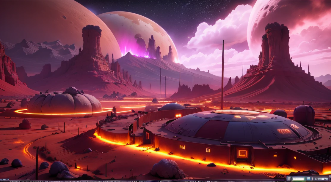 Alien Fall Base (Very detailed) In the mountainous desert，There are several exhaust fans and yellow chimneys, Some neon lights come out of the base to illuminate the dark place, (Extreme nights), Some clouds in the night sky, Some of the surrounding planets provide air to unknown planets，The farthest giant volcano is erupting