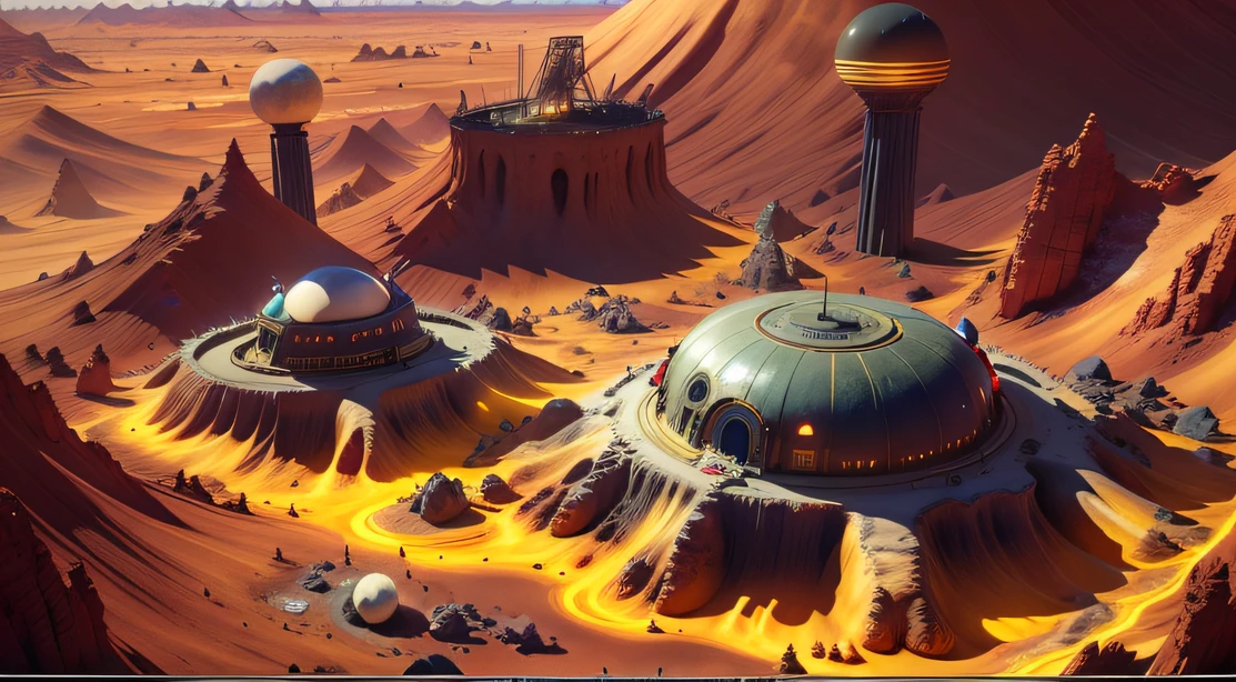 Alien Fall Base (Very detailed) In the mountainous desert,There are several exhaust fans and yellow chimneys, Some neon lights come out of the base to illuminate the dark place, (Extreme nights), Some clouds in the night sky, Some of the surrounding planets provide air to unknown planets,The farthest giant volcano is erupting