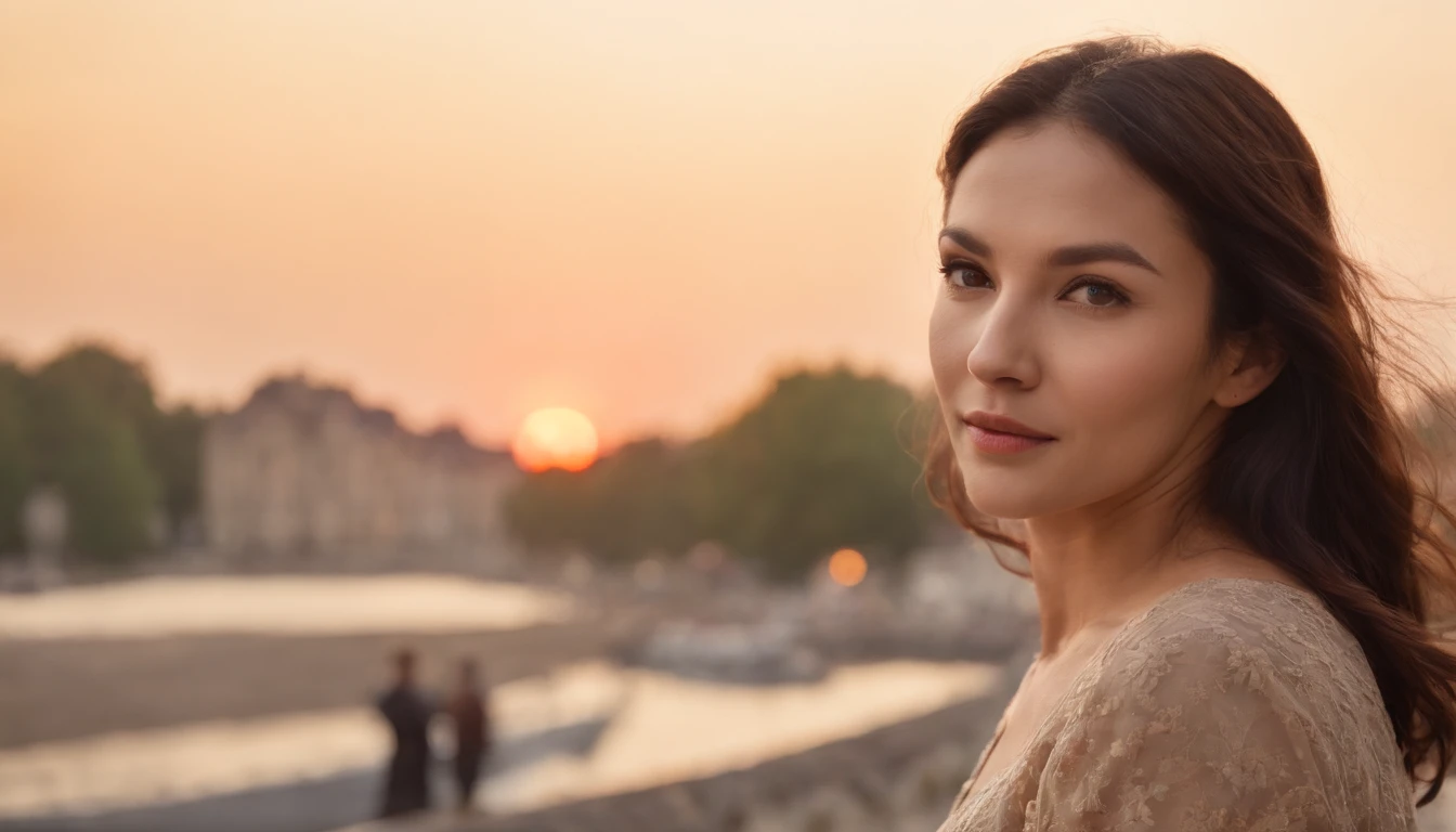 modern day，Middle aged,（Solo:1.8）40 years old women,Black one-sided hairstyle,Brown eyes，Gorgeous overhead lights，streets background，autumnal，eventide，Road，Scenic beauty，benches，Pedestrians，by passers-by，early evening，the setting sun