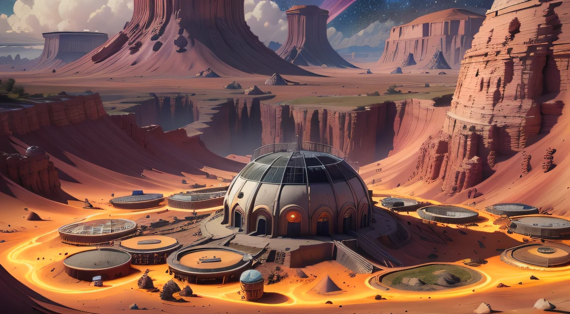 Alien Fall Base (Very detailed) In the mountainous desert，There are several exhaust fans and yellow chimneys, Some neon lights come out of the base to illuminate the dark place, (Extreme nights), Some clouds in the night sky, Some of the surrounding planets provide air to unknown planets，The farthest giant volcano is erupting
