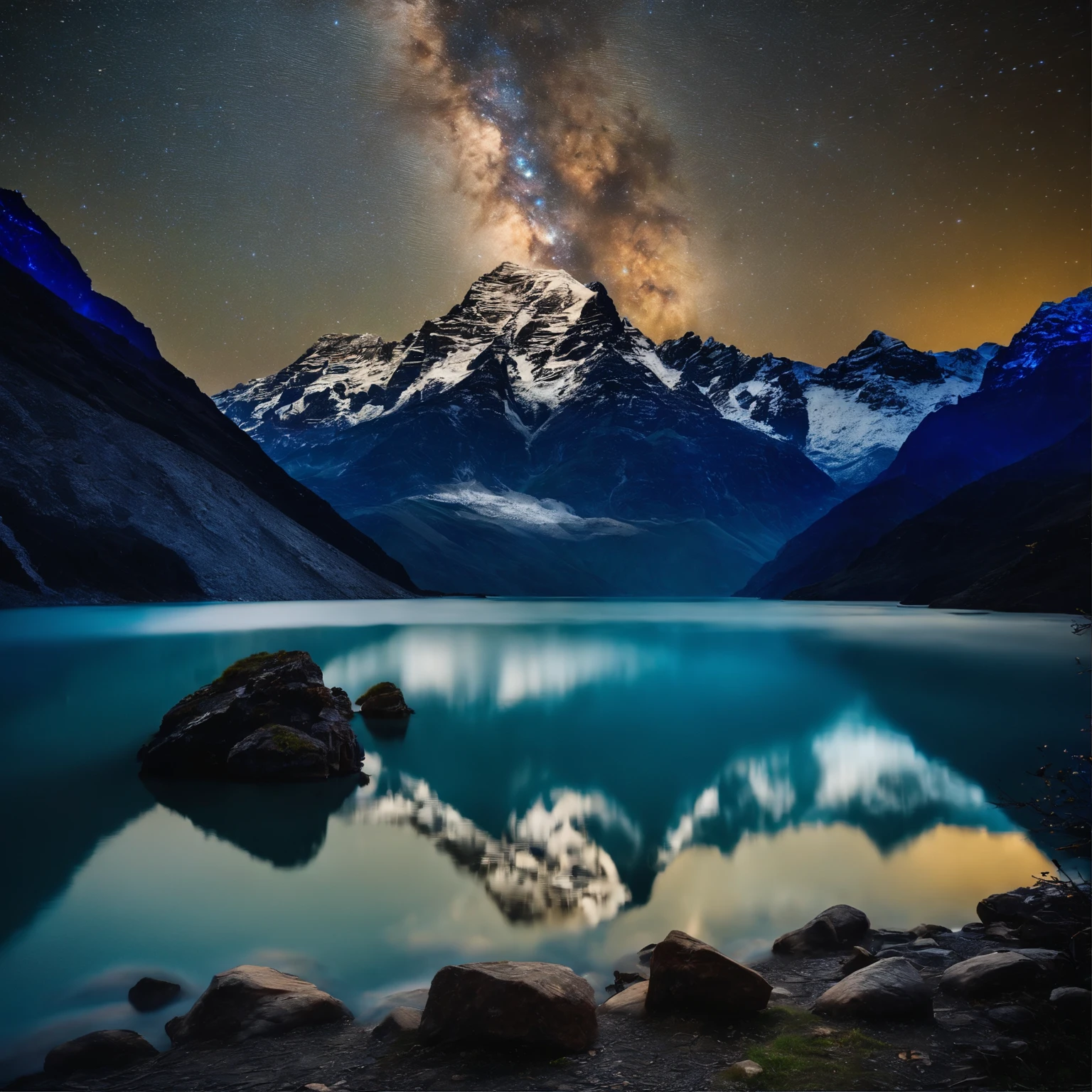 Master Parts、Superior Quality、superior image quality、The 8k quality、Beautiful pictures of the starry sky、magnifica、Arched Milky Way:1.9、Himalayas、Blue glowing lake:1.9