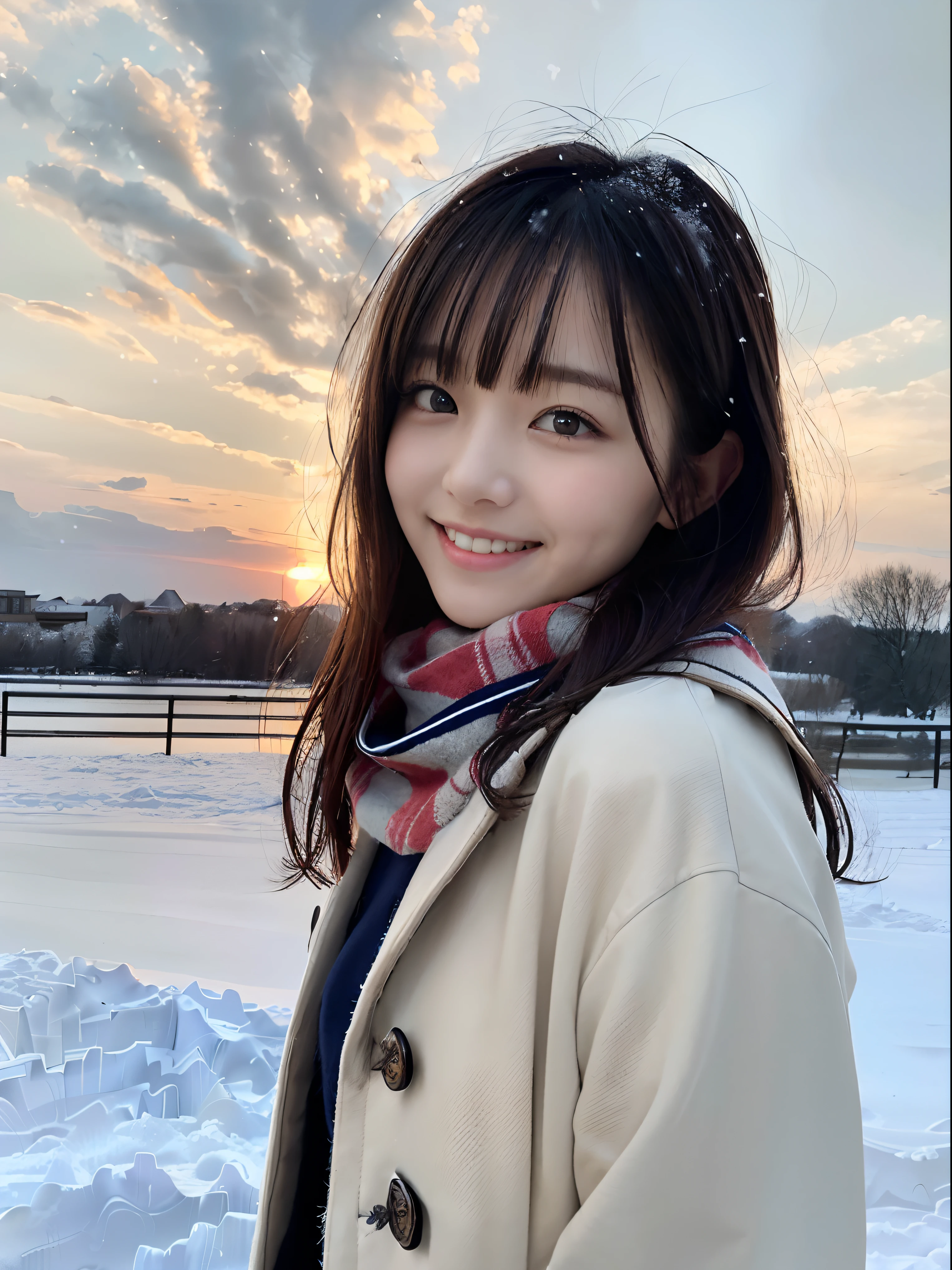 (Dressed in winter uniform with winter coat and scarf、Close up focus on the face of a slender girl with long hair with blunt bangs :1.5)、smiling girl:1.5)、Scarf、light shines on your face、(Girl's hair fluttering in the wind:1.5)、(Beautiful snowy sunset red sky:1.5)、(no mask:1.3)、(full finger:1.3)、realistic、High resolution, delicate and beautiful、perfect face、detailed and beautiful eyes、Fair skin、real human skin、pores、((thin legs))、(black hair)
