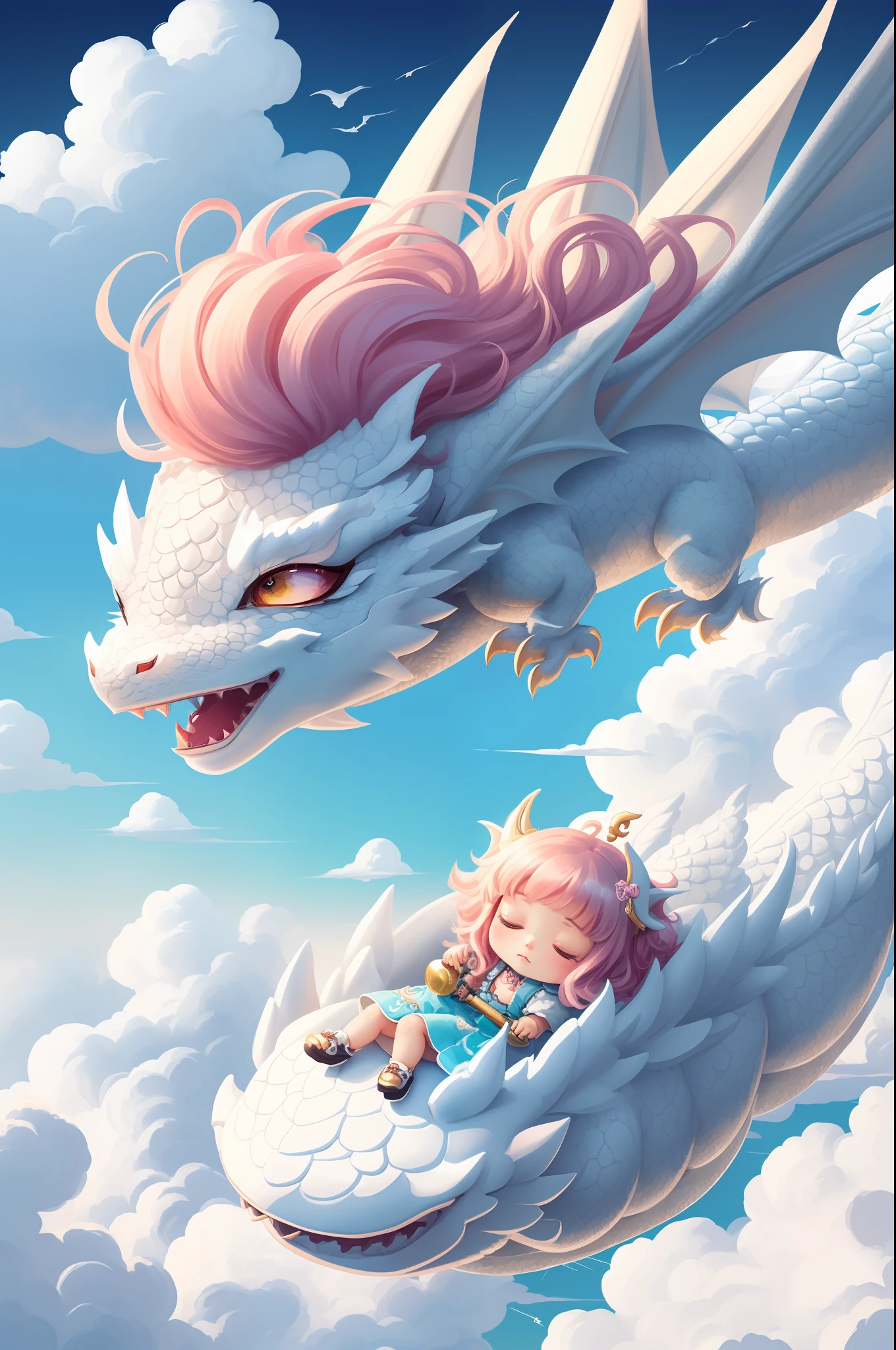 close up of ((a chibi girl sleeping on clouds)), ((1 white cloud dragon curling around her adorably)), chibi, lie on white clouds fairyland, adorable digital painting, cute detailed digital art, artwork in the style of guweiz, dreamy illustration, ((a dragon made of clouds)), guweiz, in the white clouds fairyland, girl in clouds, dreamy art, cute digital art