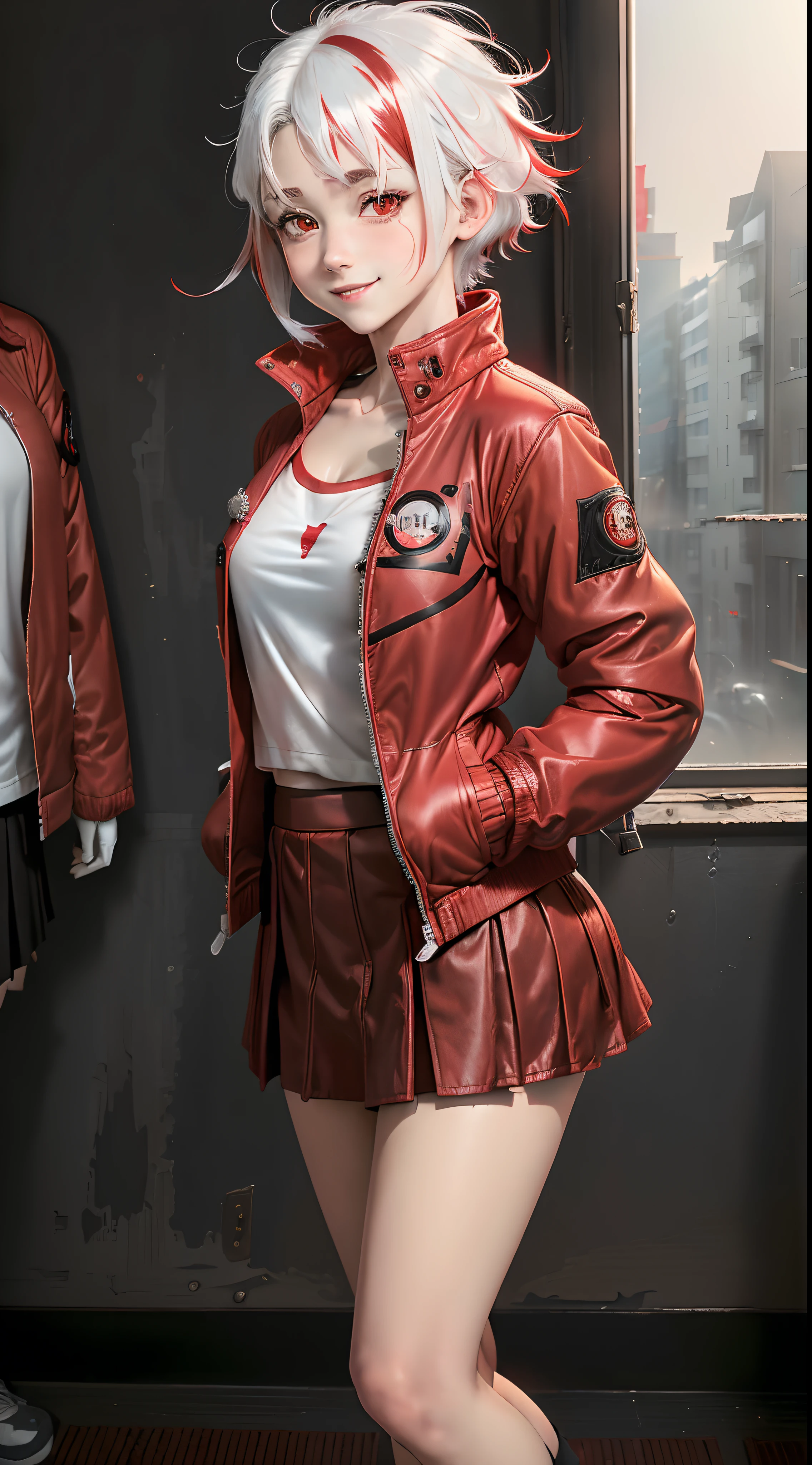 1 girl,Realistic anime girl, young girl, short hairs, wearing (((red jacket, skirt))),((( white hair with red highlights, black t-shirt))), ((small chest)), full body, standing,red moon in window background, smiling