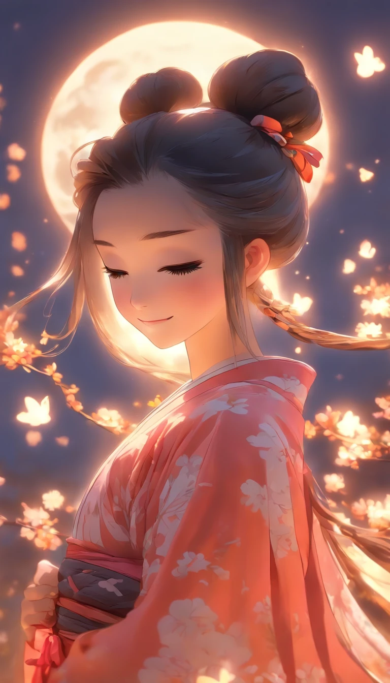 1girll, Moon, hair adornments, fullmoon, cloud, skyporn,Night, robe blanche, Solo, Smile, Wide sleeves, nigh sky, Long sleeves, flower, hug, Hair Flower, flower petals, child, blush, Parted Lip, Black hair, Black rabbit, Cloudy sky, forehead mark, Black eyes, face markings, Upstyle, artist name, Animal hugs, Hanfu, hair-bun, Girl child, Holding, Outdoors, Short hair, sleeves past wrists