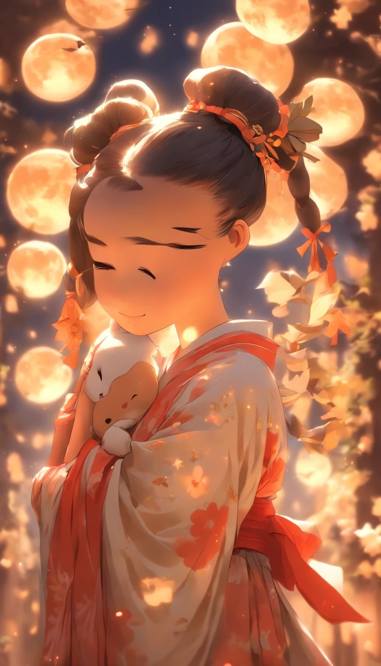 1girll, Moon, hair adornments, fullmoon, cloud, skyporn,Night, robe blanche, Solo, Smile, Wide sleeves, nigh sky, Long sleeves, flower, hug, Hair Flower, flower petals, child, blush, Parted Lip, Black hair, Black rabbit, Cloudy sky, forehead mark, Black eyes, face markings, Upstyle, artist name, Animal hugs, Hanfu, hair-bun, Girl child, Holding, Outdoors, Short hair, sleeves past wrists