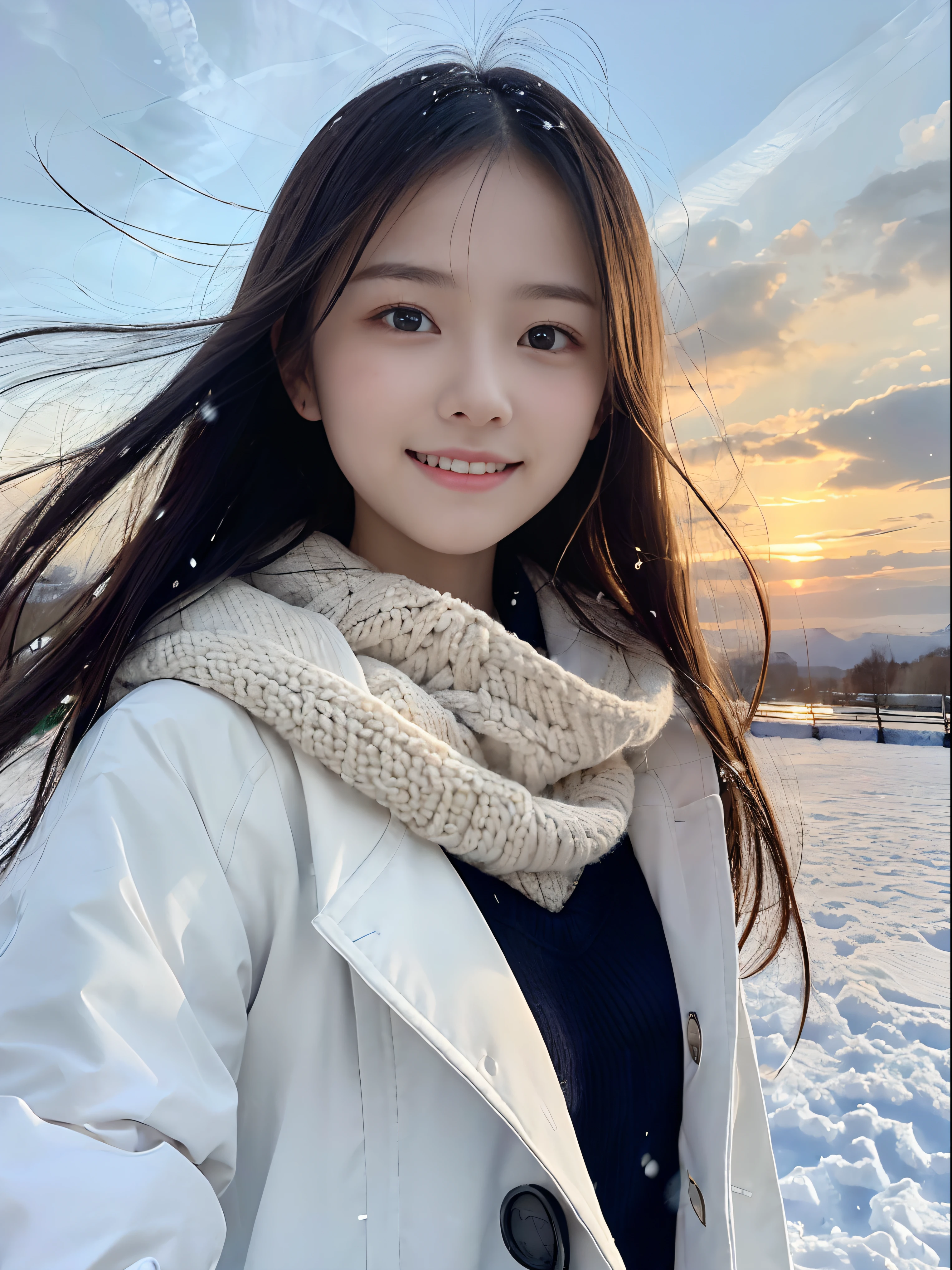 (Close up portrait of one girl with slender small breasts and twin-tailed long hair in a coat over a winter sailor suit and a scarf :1.5)、(One girl with little smile and hair fluttering in the wind :1.3)、(Beautiful snowy sunset sky:1.5)、(Perfect Anatomy:1.3)、(No mask:1.3)、(complete fingers:1.3)、Photorealistic、Photography、masutepiece、top-quality、High resolution, delicate and pretty、face perfect、Beautiful detailed eyes、Fair skin、Real Human Skin、pores、((thin legs))、(Dark hair)
