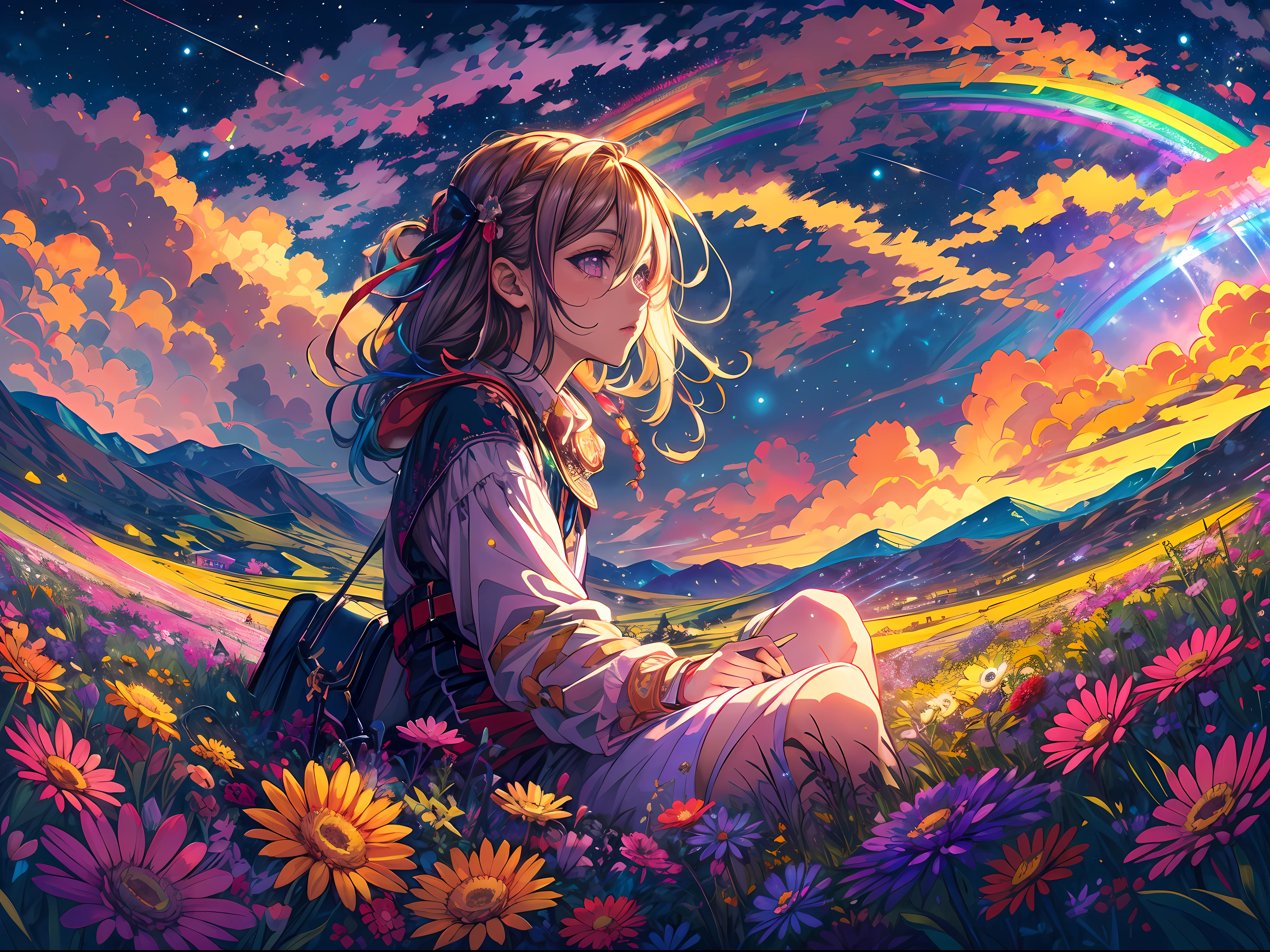 A wide landscape photo, (viewed from below, the sky is above, and the open field is below), an anime girl sitting on colorful flowers field looking up, (full moon: 1.2), (rainbow clouds: 0.9), (rainbow: 1.3), distant mountains , shooting stars, Crafting Art, (Warm Light: 1.2), (Firefly: 1.2), Lights, Lots of Purple and Orange, Intricate Details, colorful palette,Volumetric Lighting BREAK (Masterpiece: 1.2), (Best Quality), 4k, Ultra Detailed, (Dynamic Composition: 1.4), Rich in Detail and Color, (Rainbow Color: 1.2), (Glow, Atmospheric Lighting), Dreamy, Magical, (Solo: 1.2),