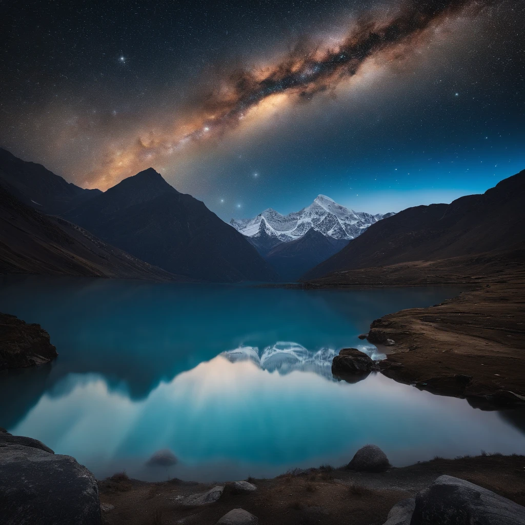 Master Parts、Superior Quality、superior image quality、The 8k quality、Beautiful pictures of the starry sky、magnifica、Star trajectory:1.9、Himalayas、Blue glowing lake:1.9