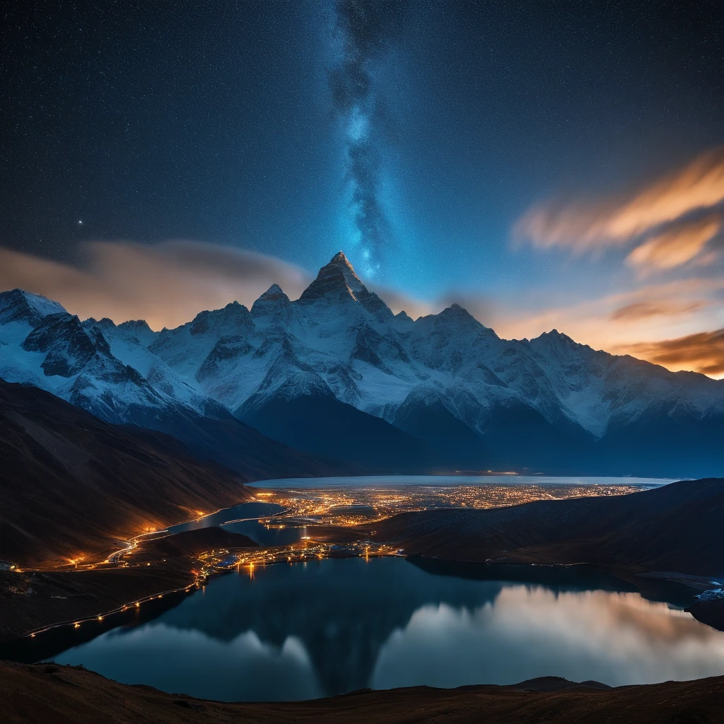 Master Parts、Superior Quality、superior image quality、The 8k quality、Beautiful pictures of the starry sky、magnifica、Star trajectory:1.9、Himalayas、Blue glowing lake:1.9