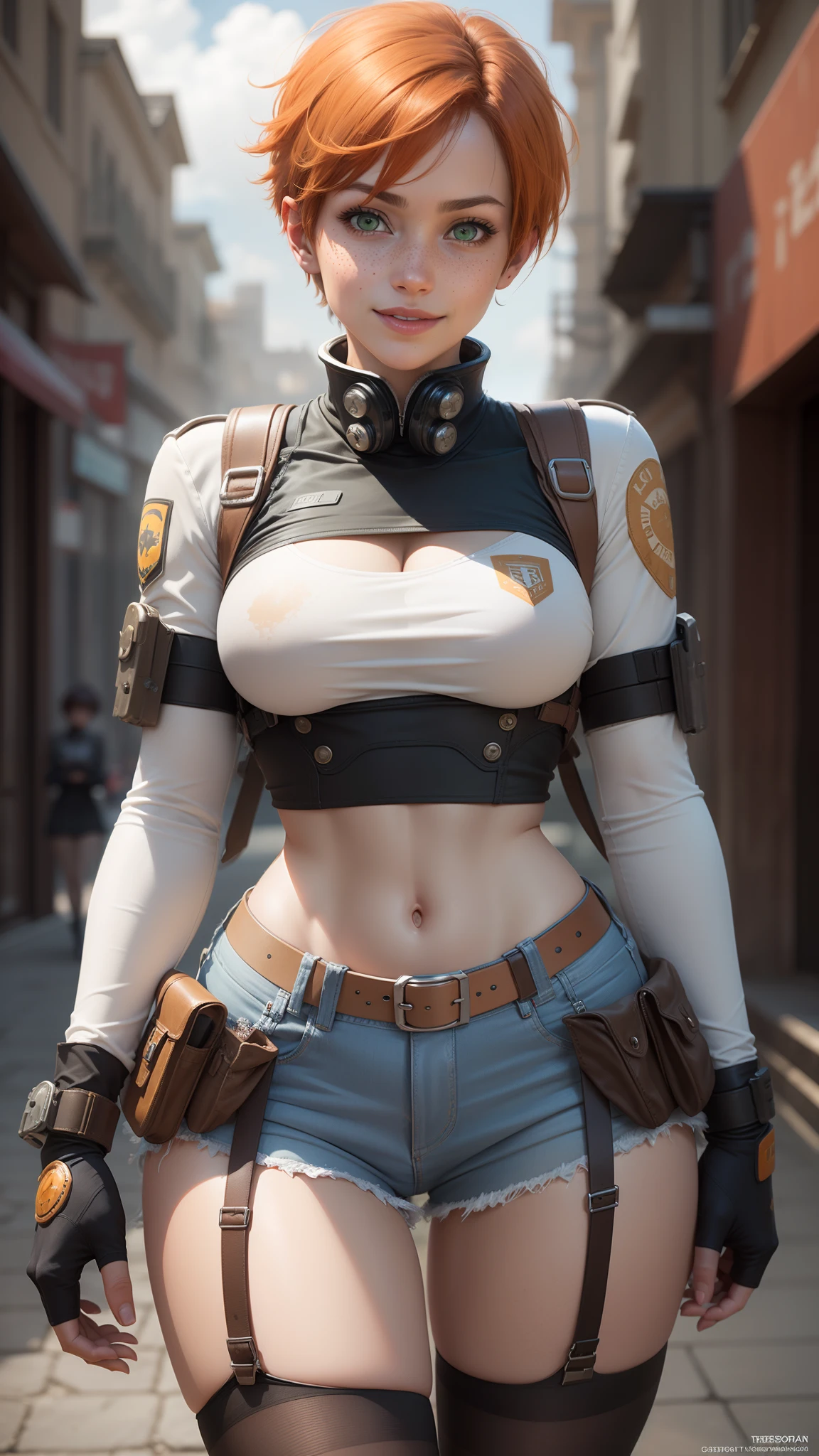 gwen tennyson,tracer,yorha 2b,mecha, rebecca chambers,lara croft,pilot uniform,ager, green eyes,garter belt,striped underwear,short hair,orange hair,hot springs,shy smile,ginger,white striped top,denim micro skirt,freckles,beautiful girl,stockings,large breasts,ultra detailed,realistic,