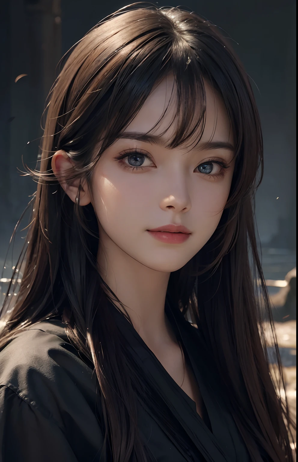 (Ultra Realistic), (Illustration), (Increased Resolution), (8K), (Extremely Detailed), (Best Illustration), (Beautiful and Detailed Eyes), (Best Quality), (Ultra Detailed), (Masterpiece ), ( wallpaper), (detailed face), solo, 1 girl, looking at viewer, fine details, detailed face, in the dark, deep shadows, low key, pureerosfaceace_v1, smiling, long hair, black shawl straight hair , 46 points oblique bangs