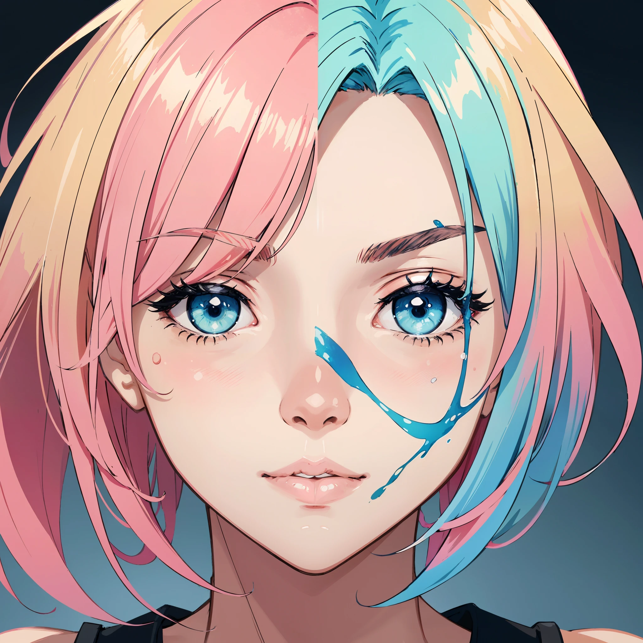 absurdres, expressive beautiful portrait, ((abstract portrait)), ((painting mature face)), ((((colored gradient skin)))), blood, 
(mature video game avatar, symmetry (mature face), detailed mature face, (mature) clear facial features, (mature) close-up shot), modern, futuristic, gradient hair, 
(gradient background with vibrant colors),
(solo character with limited tone),
(illustration style, multi-layered and isometric),
(dribbble style illustration with vivid pink hair),
(clear and expressive eyes).