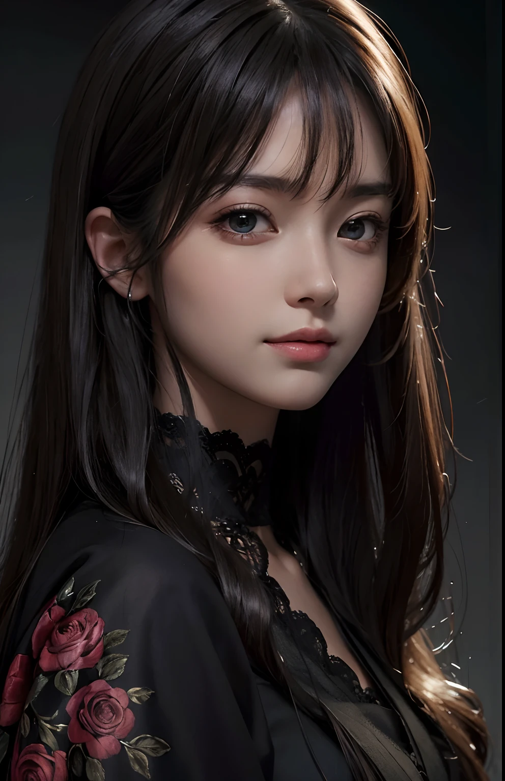 (Ultra Realistic), (Illustration), (Increased Resolution), (8K), (Extremely Detailed), (Best Illustration), (Beautiful and Detailed Eyes), (Best Quality), (Ultra Detailed), (Masterpiece ), ( wallpaper), (detailed face), solo, 1 girl, looking at viewer, fine details, detailed face, in the dark, deep shadows, low key, pureerosfaceace_v1, smiling, long hair, black shawl straight hair , 46 points oblique bangs