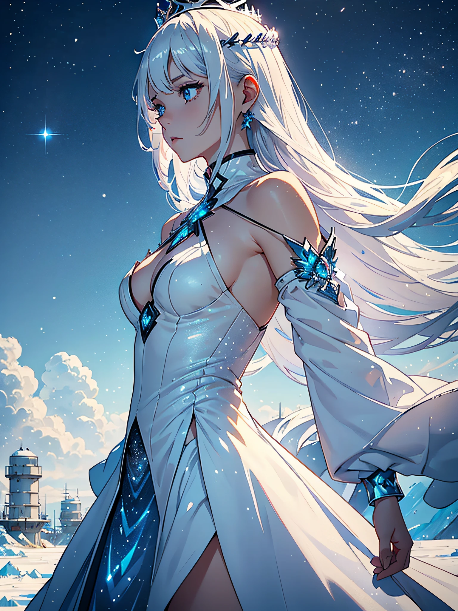 a girl in profile with long white hair, white silos, white eyes, ice crown, queen's crown, ice queen, snowing, few clothes, ice clothes with white, glittering stones all over her body, ice tattoo, lots of tone blue and white, (ultra-realistic), {extremely detailed CG unit 8k wallpaper}, Expansive landscape photography, (a bottom view that focuses on the character, expansive open field view), (low-angle shot), (high light: 1.0), (low light: 1.5), (warm light source: 0.5), complex details, (Iridescent colors: 1.5), (bright lighting), (atmospheric lighting), dreamy, magical, surrealistic, (solo: 0.5)