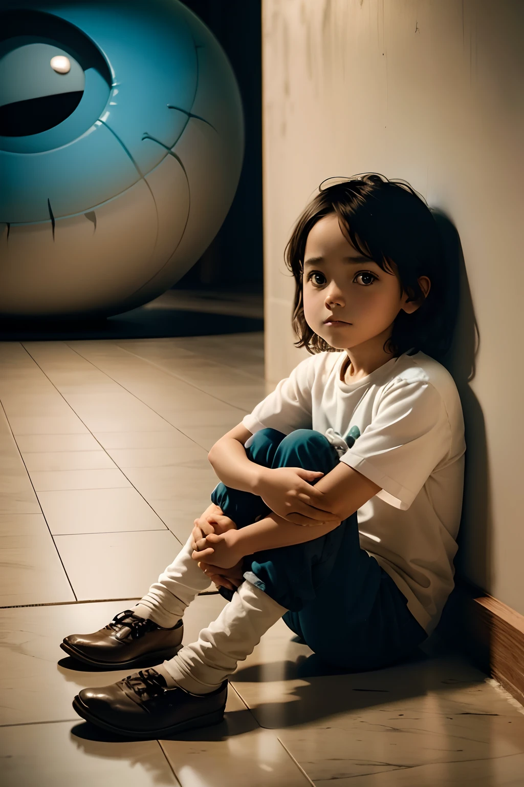 Image of a sitting on the floor hugging his legs in fear and in the background the shadow, silhueta de um monstro. Estilo disney, ultra hd.