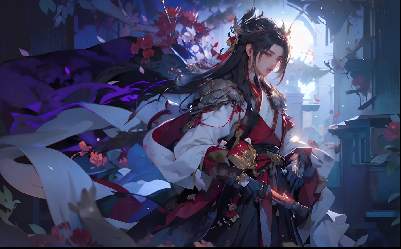 HDR,UHD,8K, best quality, masterpiece, Highly detailed, Studio lighting, physically-based rendering, 1boy, solo,
1boy, ancient costume, gloves, black hair, long hair, upper body, red color costume, hair ornament, the ornament on the shoulder of the shirt, white flowers,