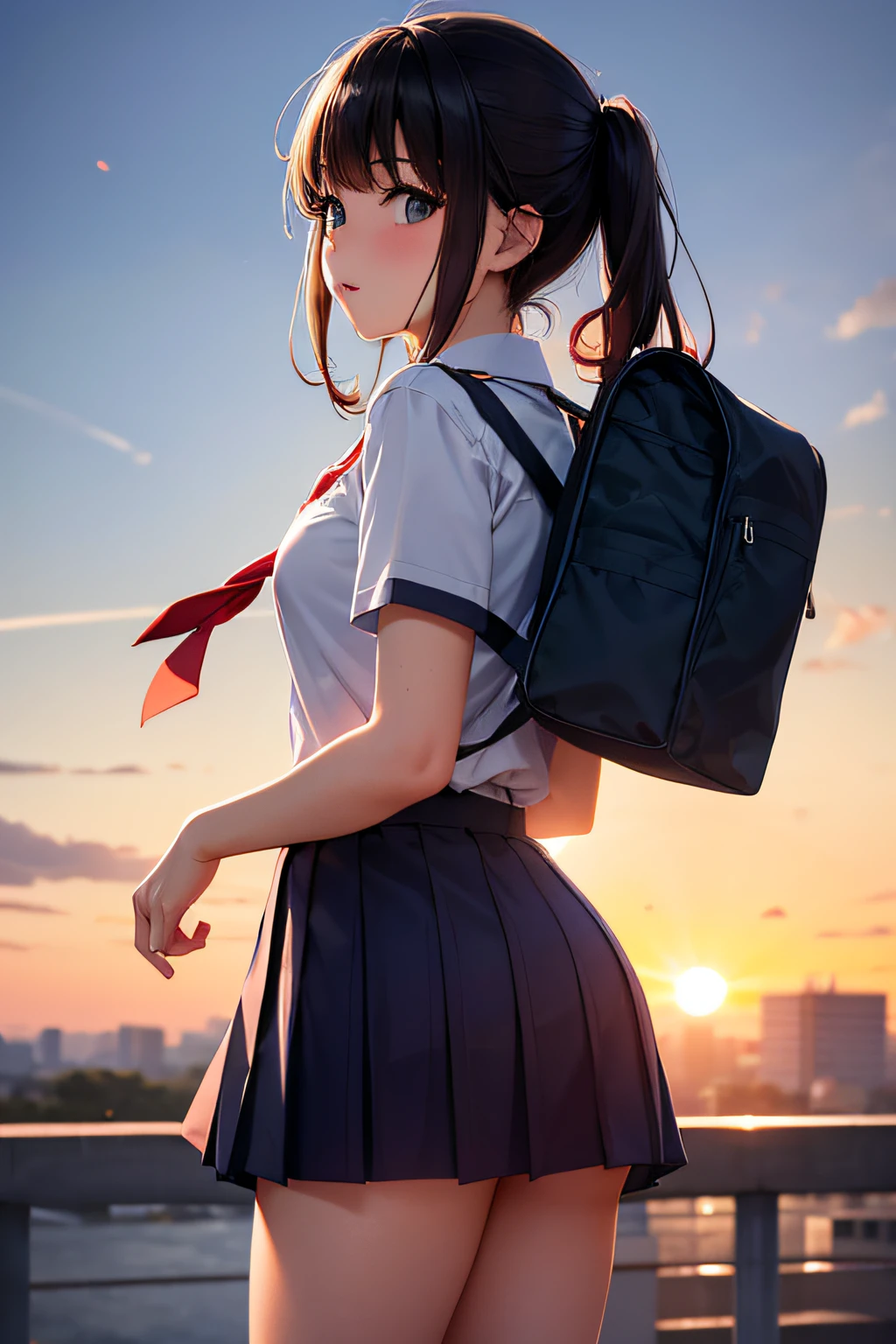 1girl, school uniform, kissing, school, sunrise,8K, absurdres, high res, ultra hd