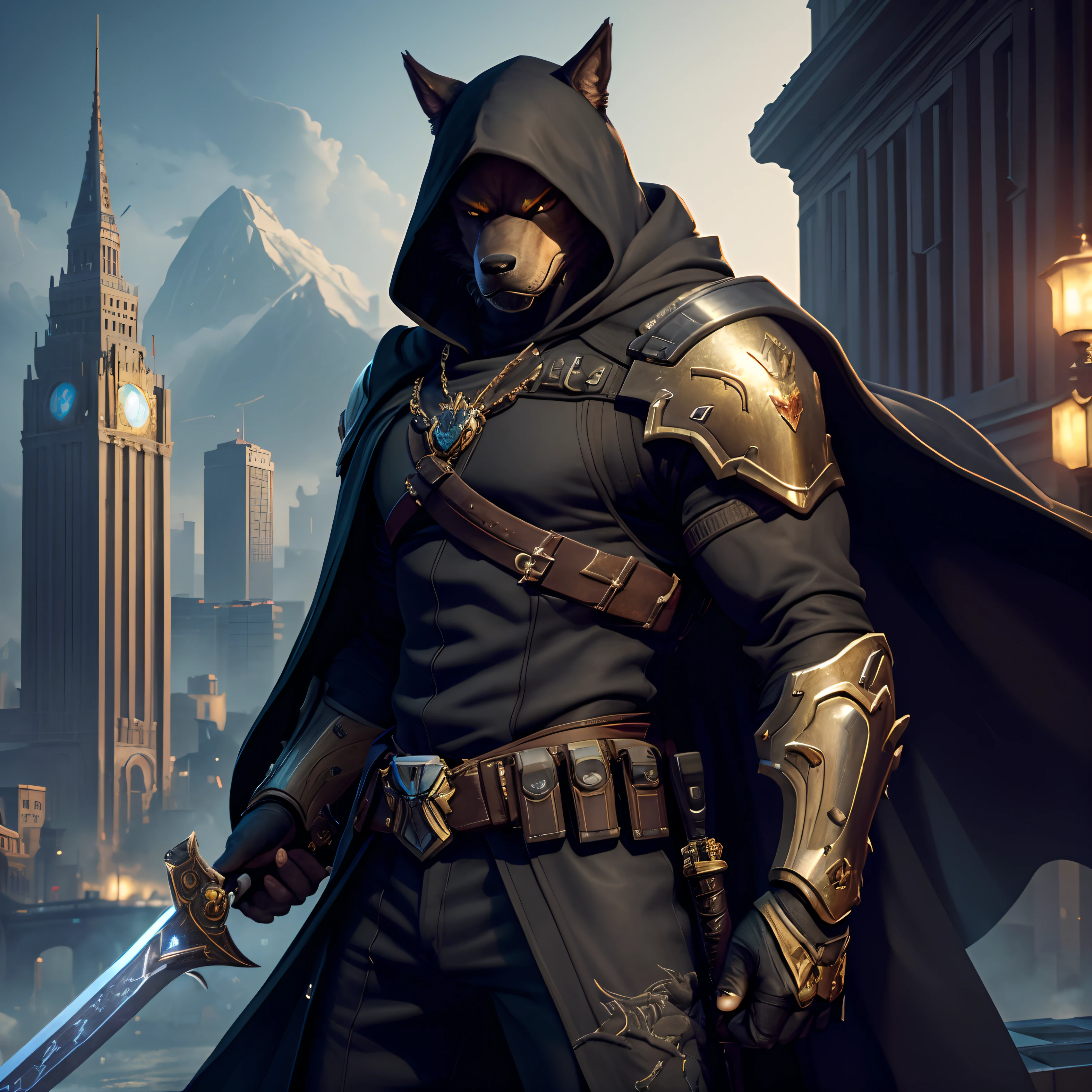 (best quality,highres,masterpiece:1.2),ultra-detailed,realistic,photorealistic:1.37,large city in the background, new Overwatch character, werewolf wearing a black cloak, armor on its arms, holding a pistol and a sword, golden details