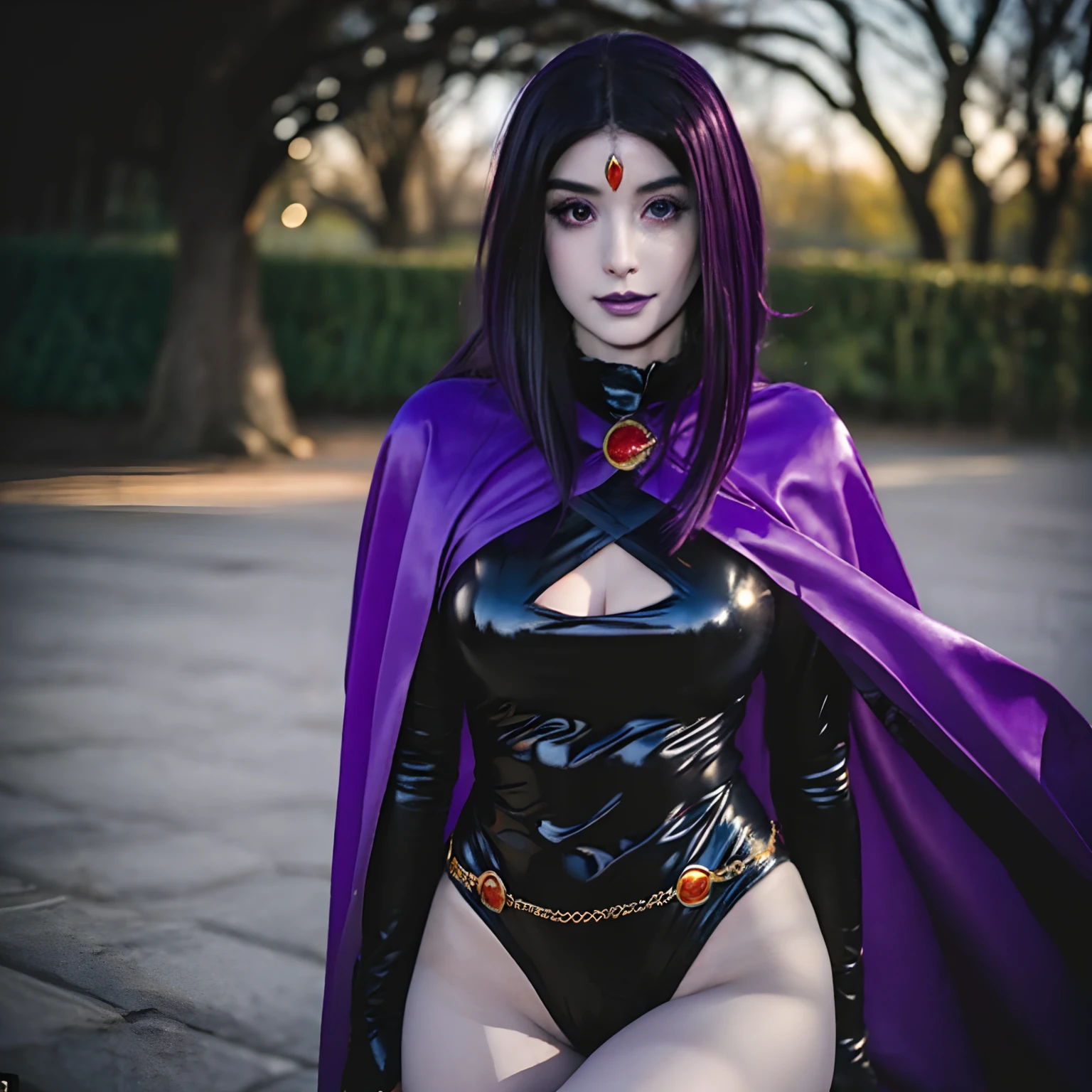 (masterpiece, top quality, best quality, official art, beautiful and aesthetic:1.2), (1girl as raven cosplay:1.3), (( black hair)), (((pale purple skin, pale blue skin, blue skin, purple skin))), extremely detailed, portrait, looking at viewer, solo, (full body:0.6), detailed background, close up, dark elf war dancer, smirk, mysterious, skimpy attire, revealing hot raven costume, gold bikini, circlet, cowl, cape, long boots, violet fabric, black leather, massive bursting breasts, slim waist, wide hips, long legs, medieval background, dark mysterious lighting, shadows, magical atmosphere, dutch angle