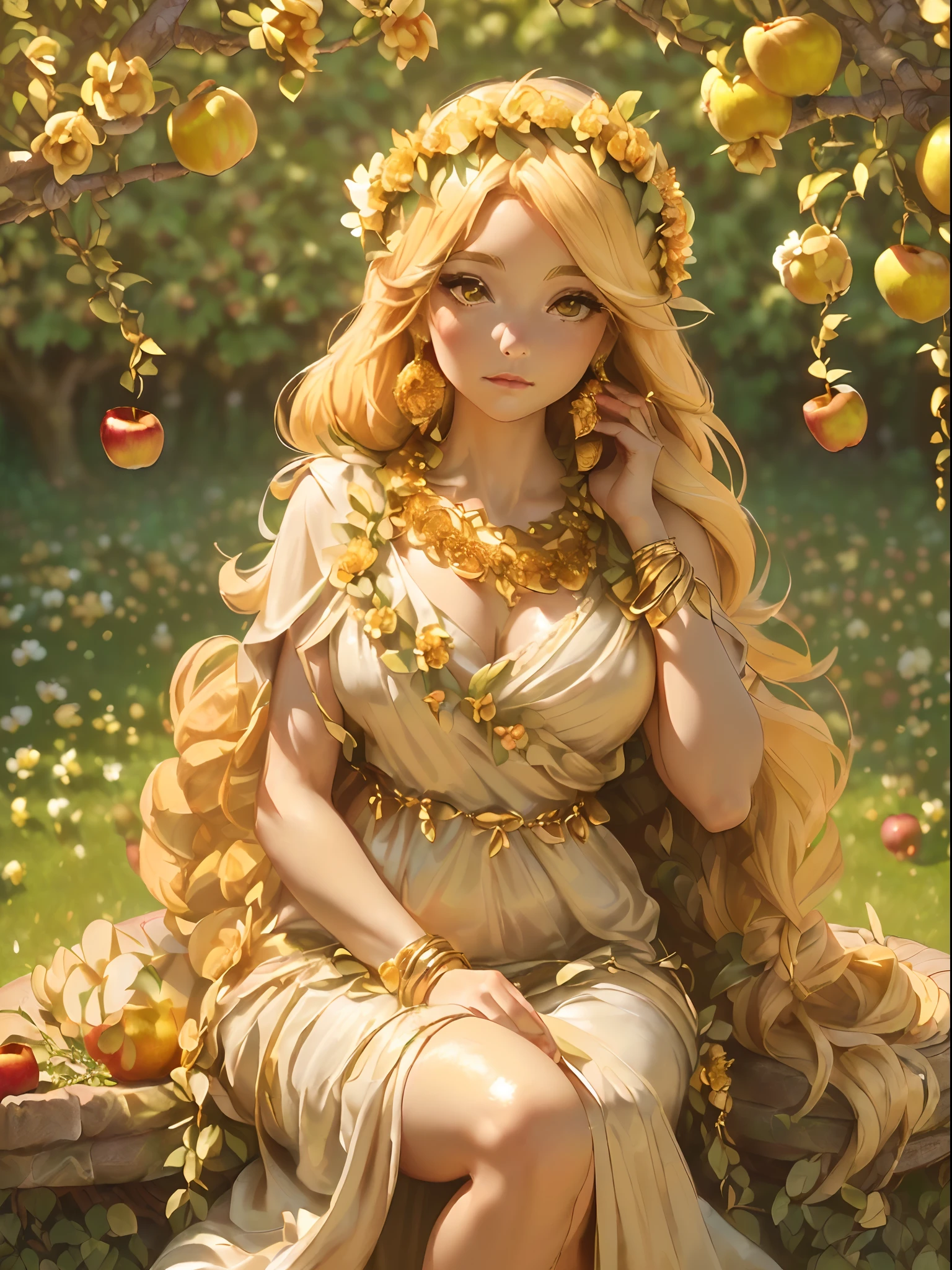 ((Greek Goddess of fertility wearing a long ((chiton.)), ((wearing a wreath of flowers and shiny golden jewelries)), ((blonde hair)), ((she is sitting at a flower garden under an apple tree)), mesmerizing, best quality, 8K, masterpiece, very detailed, high graphics