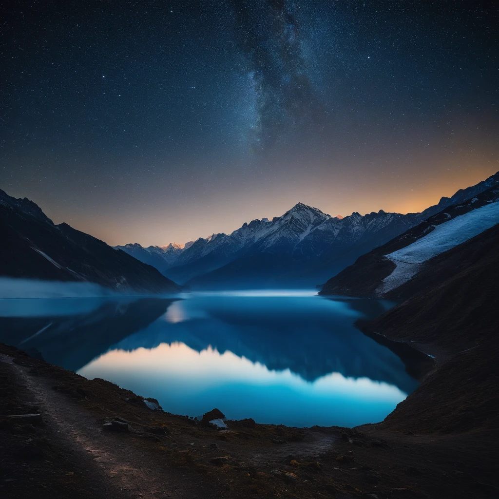 Master Parts、Superior Quality、superior image quality、The 8k quality、Beautiful pictures of the starry sky、magnifica、Star trajectory:1.9、Himalayas、Blue glowing lake:1.9