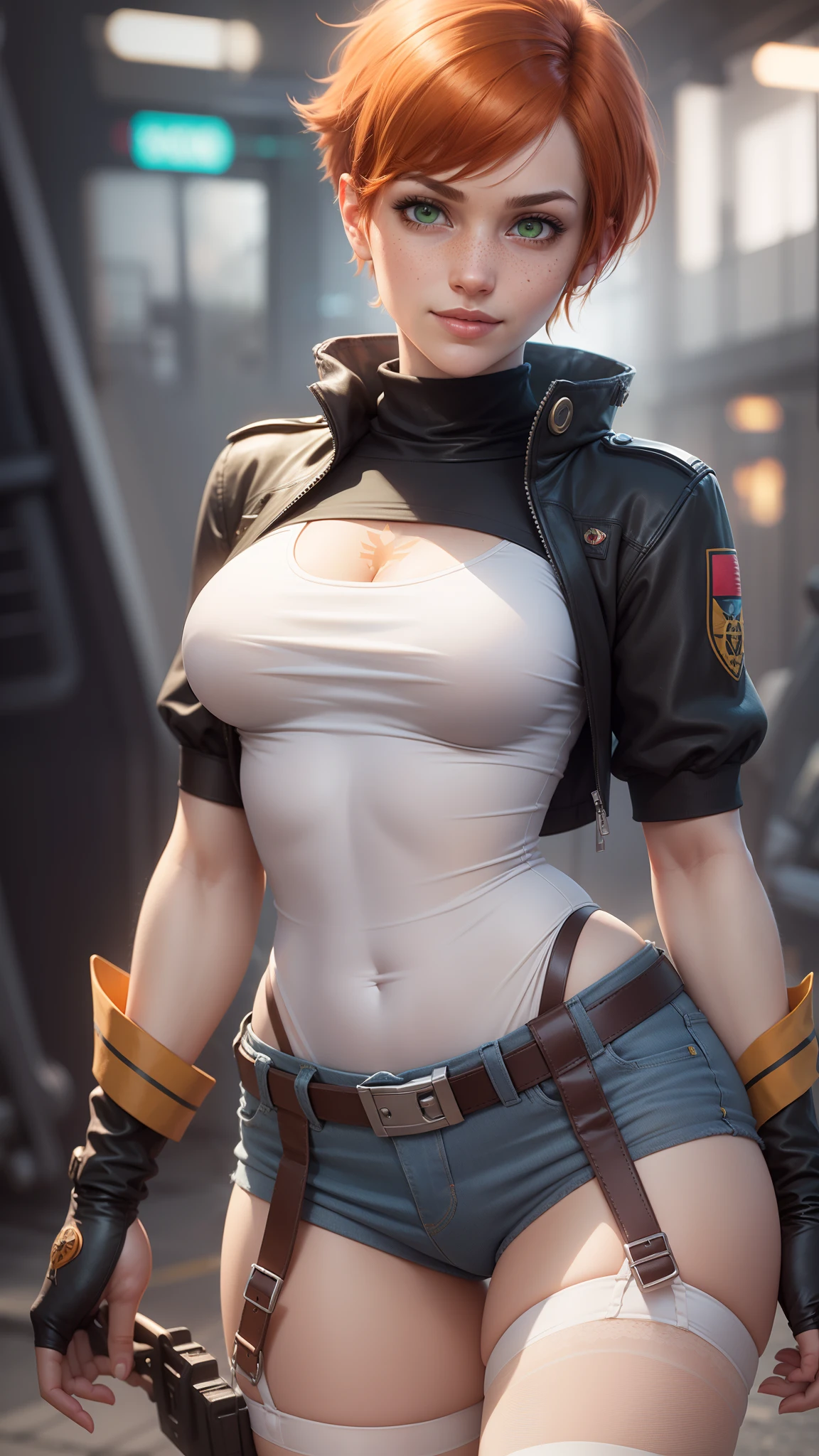 gwen tennyson,tracer,yorha 2b,gundam, rebecca chambers,lara croft,pilot uniform,teenager, green eyes,garter belt,striped underwear,short hair,orange hair,hot springs,shy smile,ginger,white striped top,denim micro skirt,freckles,beautiful girl,stockings,large breasts,ultra detailed,realistic,