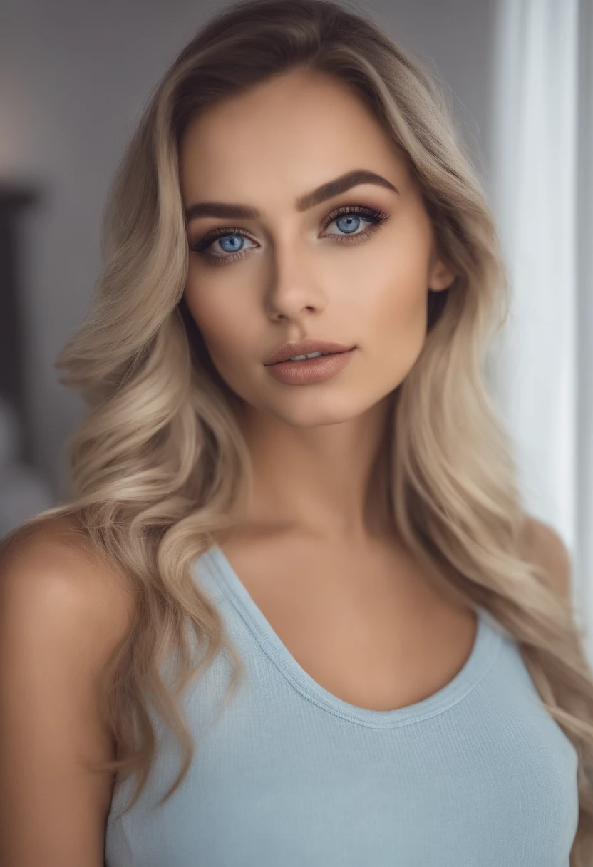woman with matching tank top and panties, Sexy girl with blue eyes, portrait sophie mudd, portrait corinna kopf, blonde hair and large eyes, Selfie einer jungen Frau, Augen im Schlafzimmer, Violet Myers, ohne Make-up, Natural makeup, Blick direkt in die Kamera, Gesicht mit Artgram, dezentes Make-up, Stunning full body shot, im Schlafzimmer, Spaltung