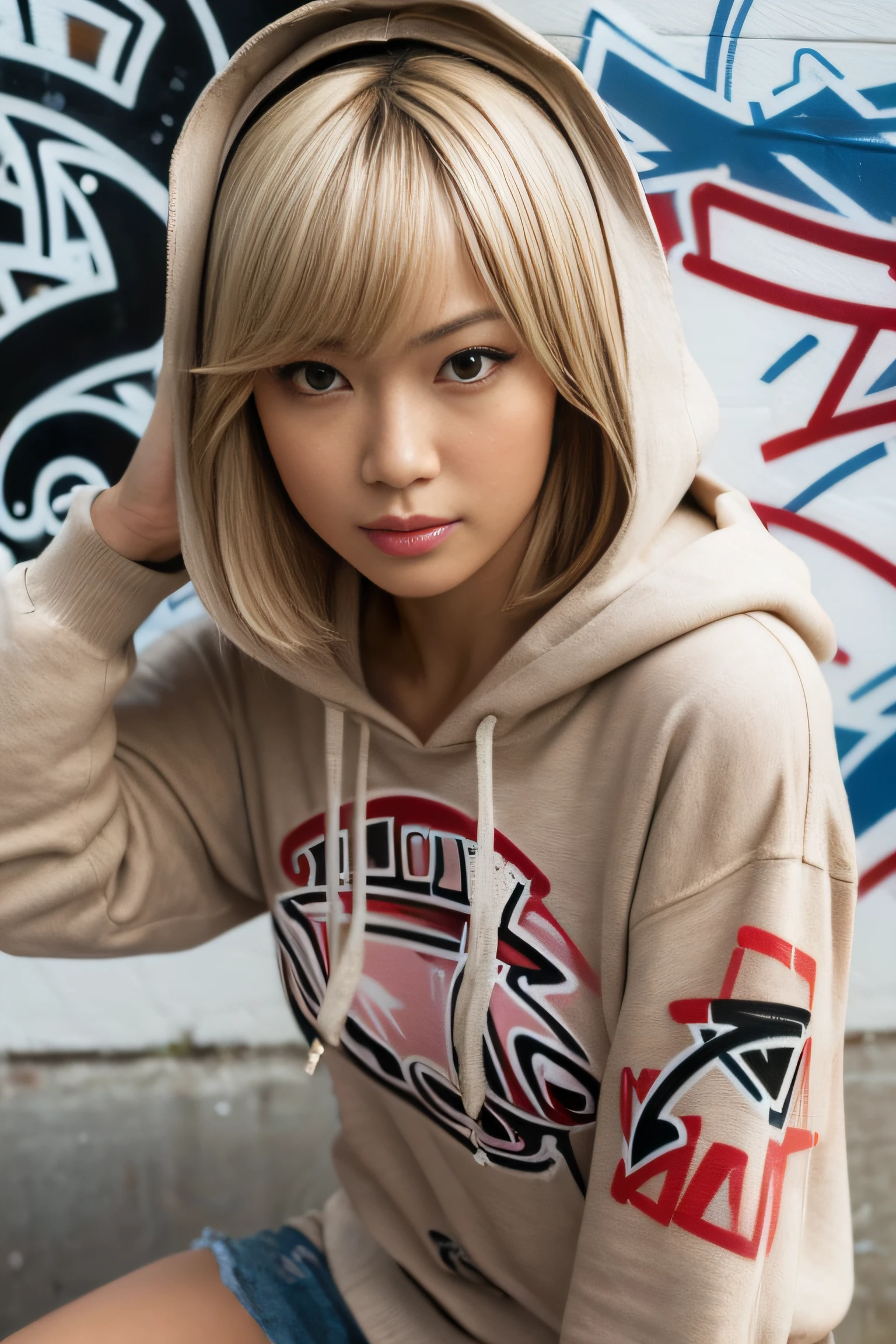 (masterpiece:1.2), ultra detailed, (realistic, photo realistic:1.37), high detail RAW color photo, professional photograph, extremely detailed, finely detail, extremely detailed face, extremely detailed eyes, extremely detailed skin, perfect anatomy, (Japanese famous actress:1.35), blond hair, very shortcut hair, (gyaru:1.2), (Tanned skin:1.3), flat chest, Dynamic lighting, hoodie, (hood up:1.2), full body, shorts, (graffiti art on wall:1.4), from below, (dynamic pose:1.2),
