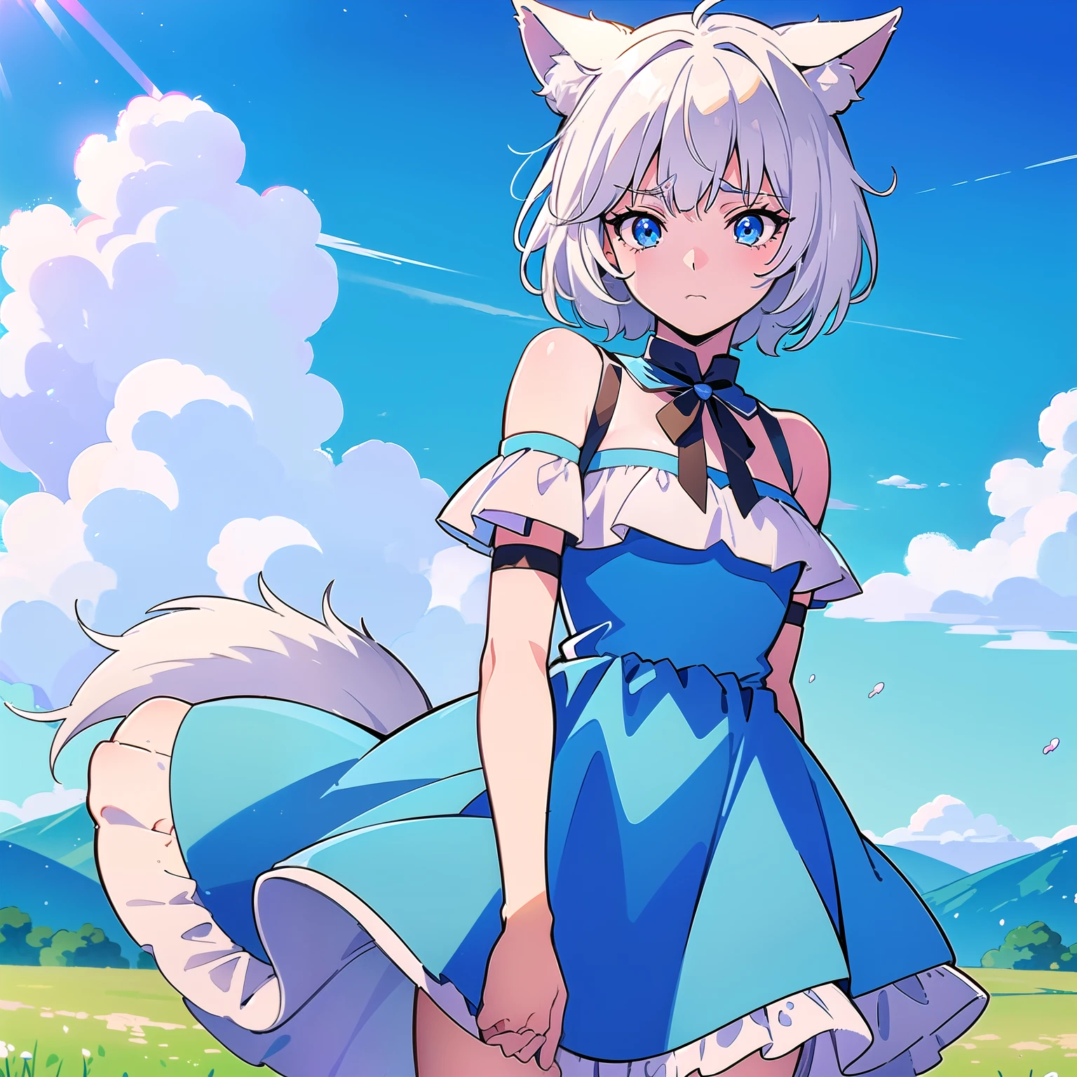 High quality, 1girl, ((((Candy Candy anime coloring)))), (wolf girl, wolf ears, wolf tail), animal ears, ((((short hair)))), ((silver white hair)), hair clip, ((hair tap eye)), ((blue eyes)), long eyeslashes, eyeliner, (((small breasts, long old west, long old dress, bare shoulders))), solo, ((standing)), ((worried, sad expression, melancholic, look blue eyes)), portrait, close-up, (field background, sky, clouds), face, closed_mouth, blush, anime_coloring, eyelashes, shiny, detailed shadows, detailded eyes, (((Manga style, Manga coloring))).