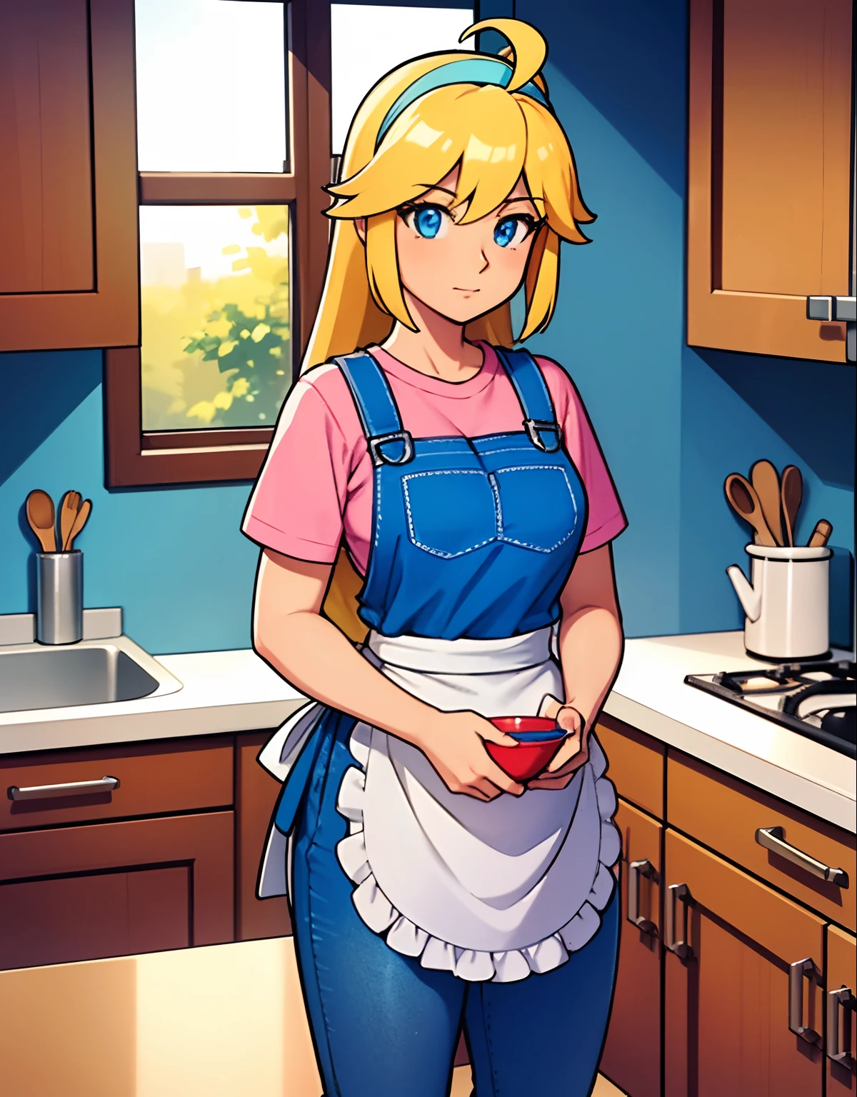 A robot housewife stands in the center of the scene. She has long blonde hair cascading down her shoulders and stunning blue eyes that mesmerize anyone who gazes into them. Her eyes light up with a vibrant glow, adding a hint of futuristic technology to her appearance. The robot housewife wears a pink t-shirt that complements her skin tone and a pair of blue jeans that fit her perfectly.
To complete her outfit, she adds a pink hairband adorned with an expressive ahoge, which adds a touch of playfulness to her character. As she goes about her daily tasks, she wears a green apron that ties neatly around her waist. The apron is slightly worn, suggesting a touch of nostalgia and memories created over time.
In the background, the scene is set in a cozy and neatly organized kitchen. Colorful utensils hang from hooks on the wall, adding a vibrant touch to the space. A wooden cutting board is laid on the countertop, with a bowl of fresh fruits waiting to be prepared. The sunlight streams through the window, casting warm rays on the scene, while soft kitchen lighting illuminates the robot housewife's face.
The overall image quality is of the highest caliber, embracing 4K resolution and showcasing ultra-detailed rendering. The vibrant colors of the scene bring a lively atmosphere, and the realistic depiction captures every intricate detail. The blending of various art styles, including a hint of anime influence, creates a unique and captivating visual storytelling experience.
The color palette is dominated by shades of pink and blue, creating a harmonious and soothing ambiance. The lighting emphasizes the warmth and coziness of the kitchen, with soft shadows casting an ethereal atmosphere.
Without a doubt, this artwork captures the essence of a modern robot housewife, combining technology, nostalgia, and a touch of whimsy. The attention to detail in her appearance and the surrounding environment breathe life into the painting, making it a masterpiece that blends reality