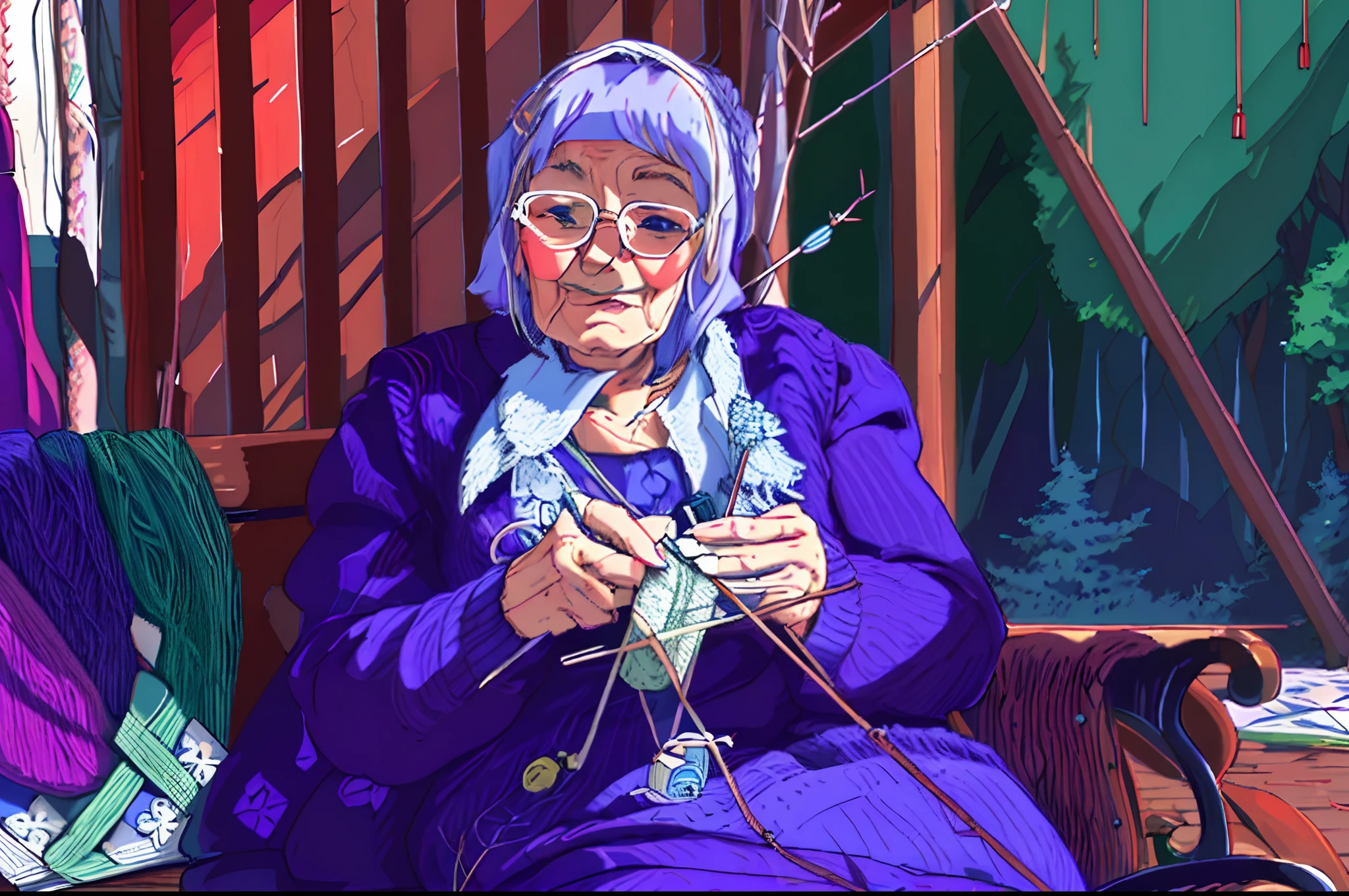 an old woman sitting on a bench with a bunch of needles, there is a woman sitting at a table and knitting with needles, a still of a happy, knitting older woman, knitting old lady, old woman, anime line art, anime style