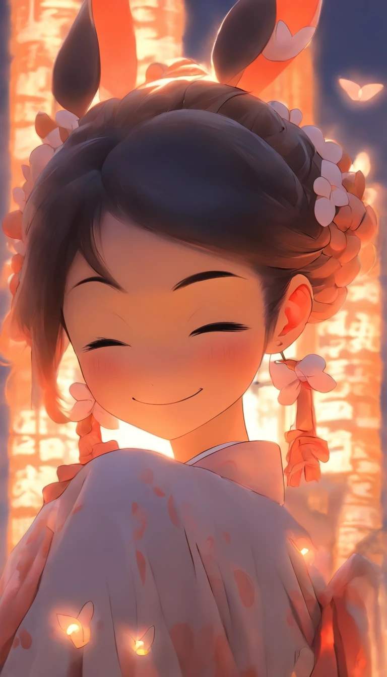 1girll, Moon, hair adornments, fullmoon, cloud, skyporn,Night, robe blanche, Solo, Smile, nigh sky, flower, Hugging the black rabbit, Hair Flower, flower petals, child, blush, Parted Lip, Black hair, Black rabbit, Cloudy sky, forehead mark, Black eyes, face markings, Upstyle, artist name, Animal hugs, Hanfu, hair-bun, Girl child, Holding, Outdoors, Short hair, sleeves past wrists
