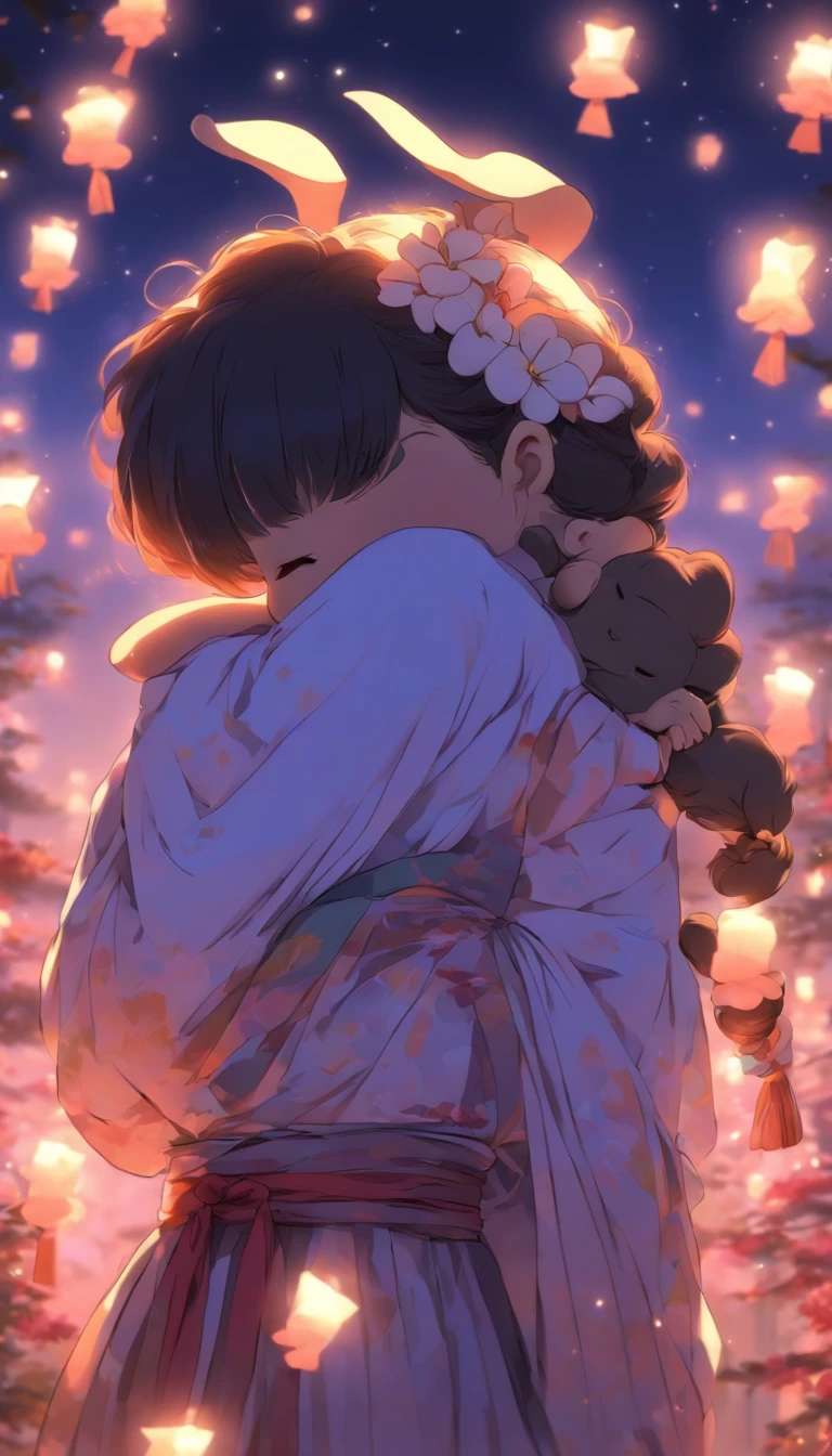 1girll, Moon, hair adornments, fullmoon, cloud, skyporn,Night, robe blanche, Solo, Smile, nigh sky, flower, Hugging the black rabbit, Hair Flower, flower petals, child, blush, Parted Lip, Black hair, Black rabbit, Cloudy sky, forehead mark, Black eyes, face markings, Upstyle, artist name, Animal hugs, Hanfu, hair-bun, Girl child, Holding, Outdoors, Short hair, sleeves past wrists