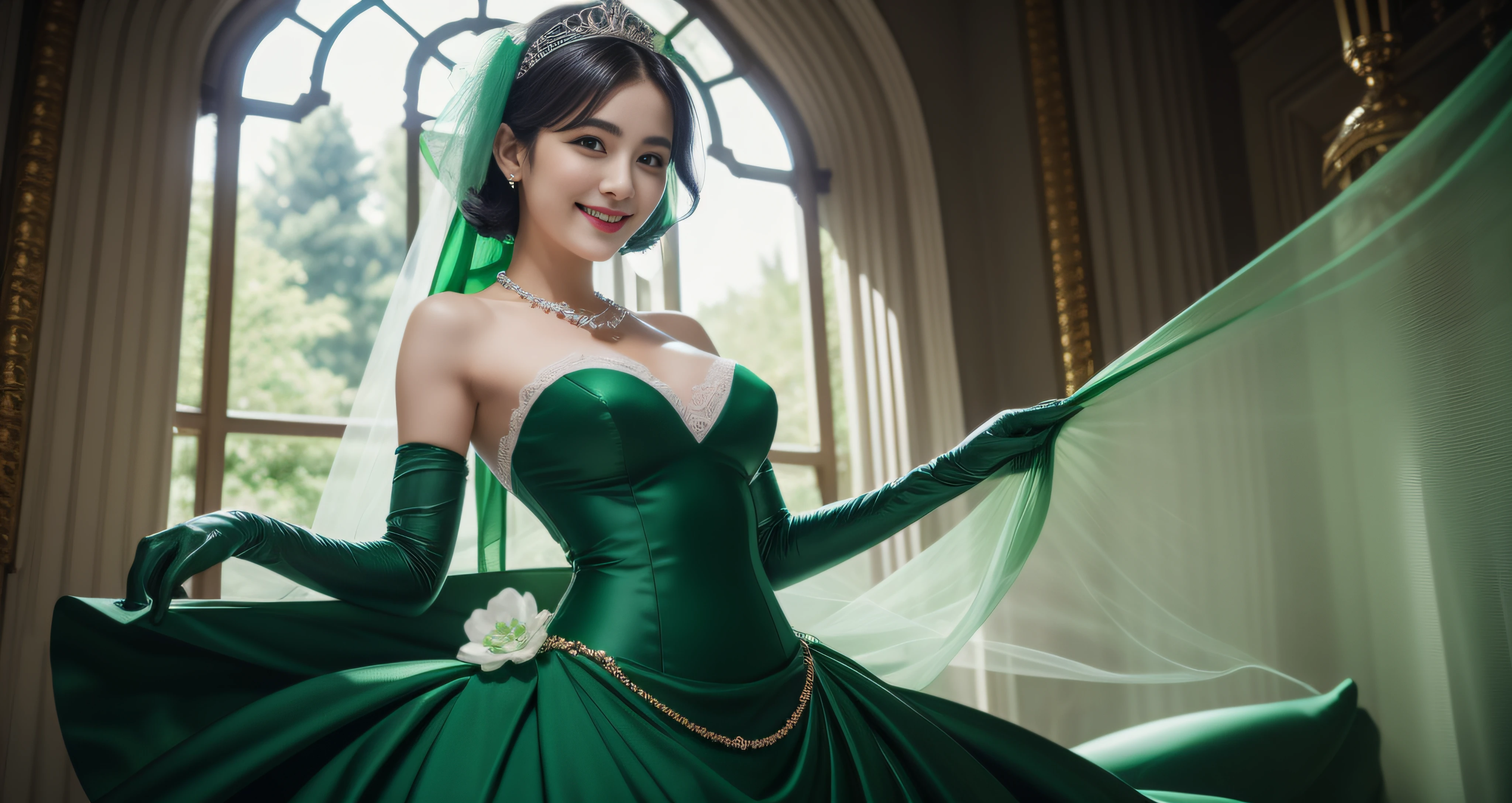 studio lights、depth of fields、The upper part of the body、A slender、cute face、A smile、Beautiful detail eyes、Green Dress Flower Cleanser,Sense of atmosphere, best qualtiy,tmasterpiece,1girll,30-years old,Green dress,Daytime Church,full body Esbian, Green gloves,With short black hair,,big breasts beautiful,looking at viewert,ssmile,Green Bridal Veil,Green Long Grove,Satin green long gloves, lipsticks, Pearl Necklace、Green gloves, emerald tiara, A Japanese Lady